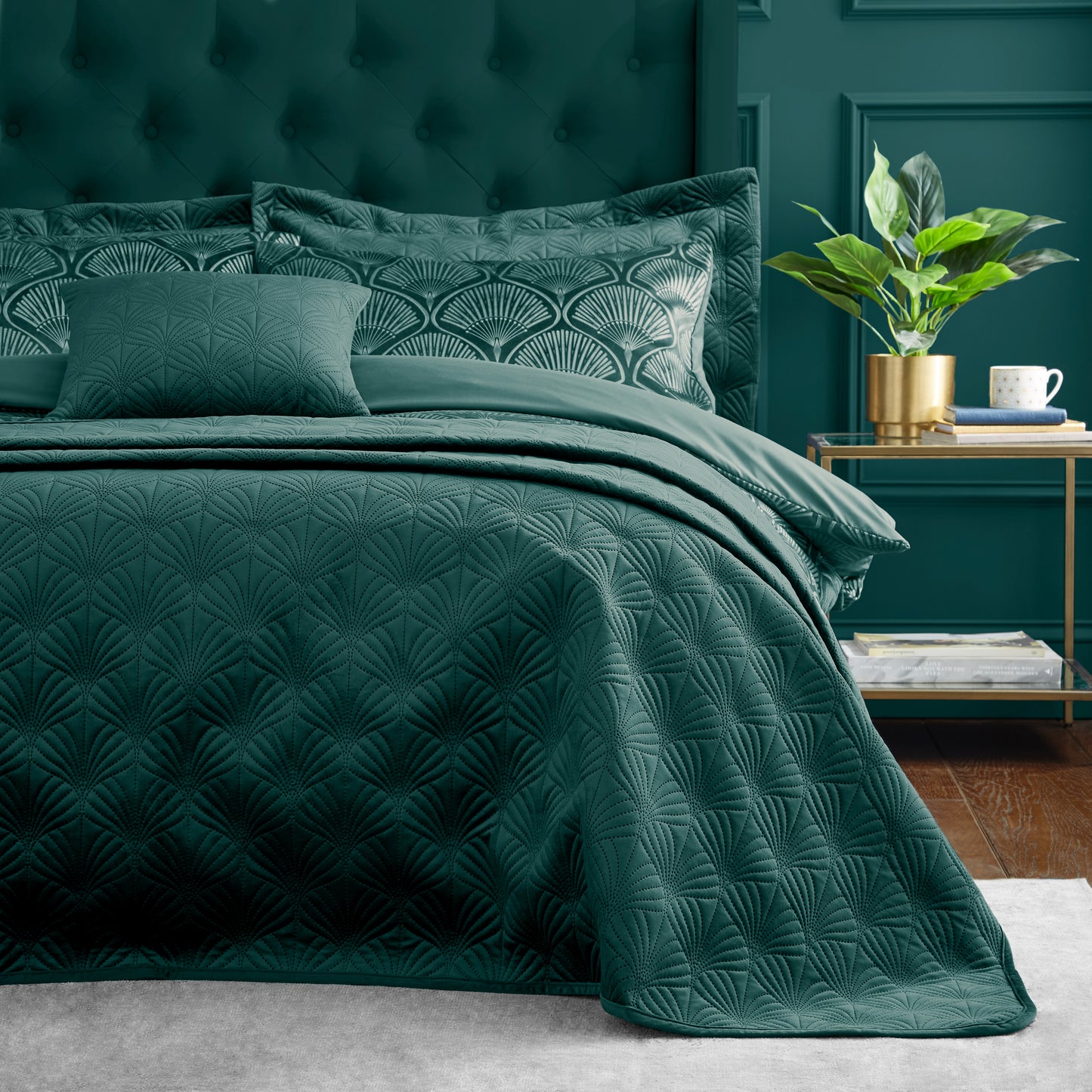 Art Deco Pearl Quilted Bedspread in Teal by Catherine Lansfield