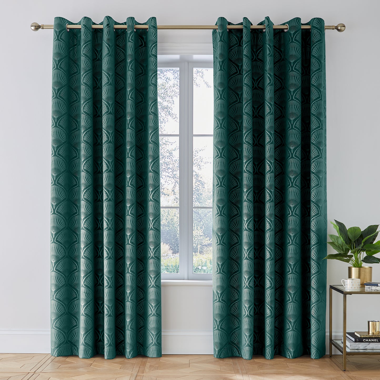 Art Deco Pearl Lined Eyelet Curtains in Teal by Catherine Lansfield