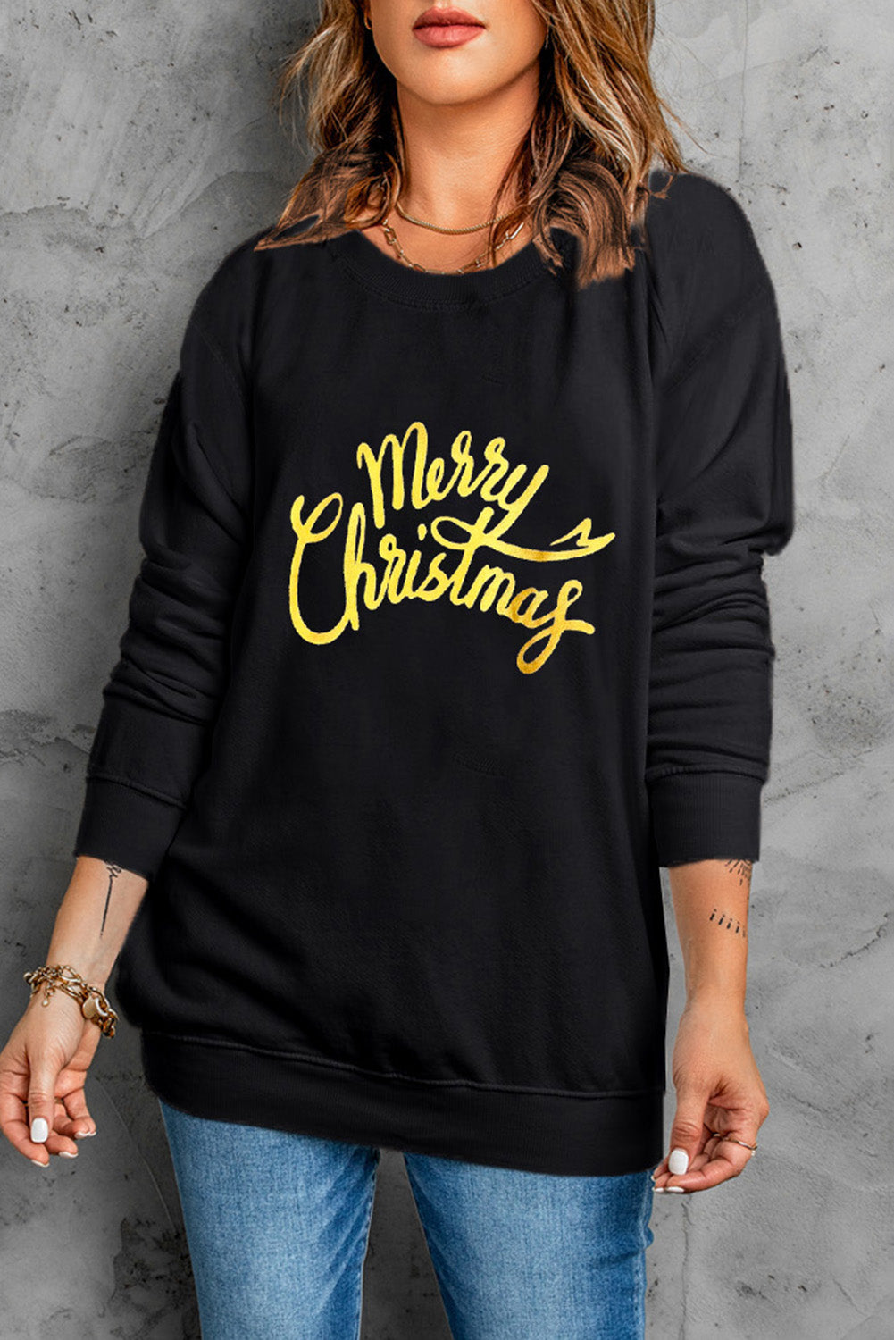 Black Merry Christmas Letter Graphic Sweatshirt