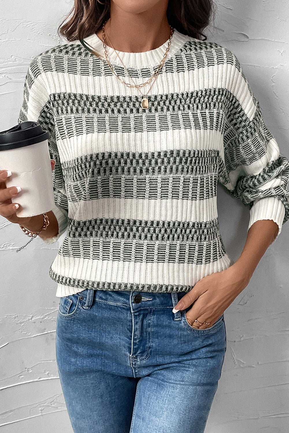 Blackish Green Casual Striped Clashing Sweater