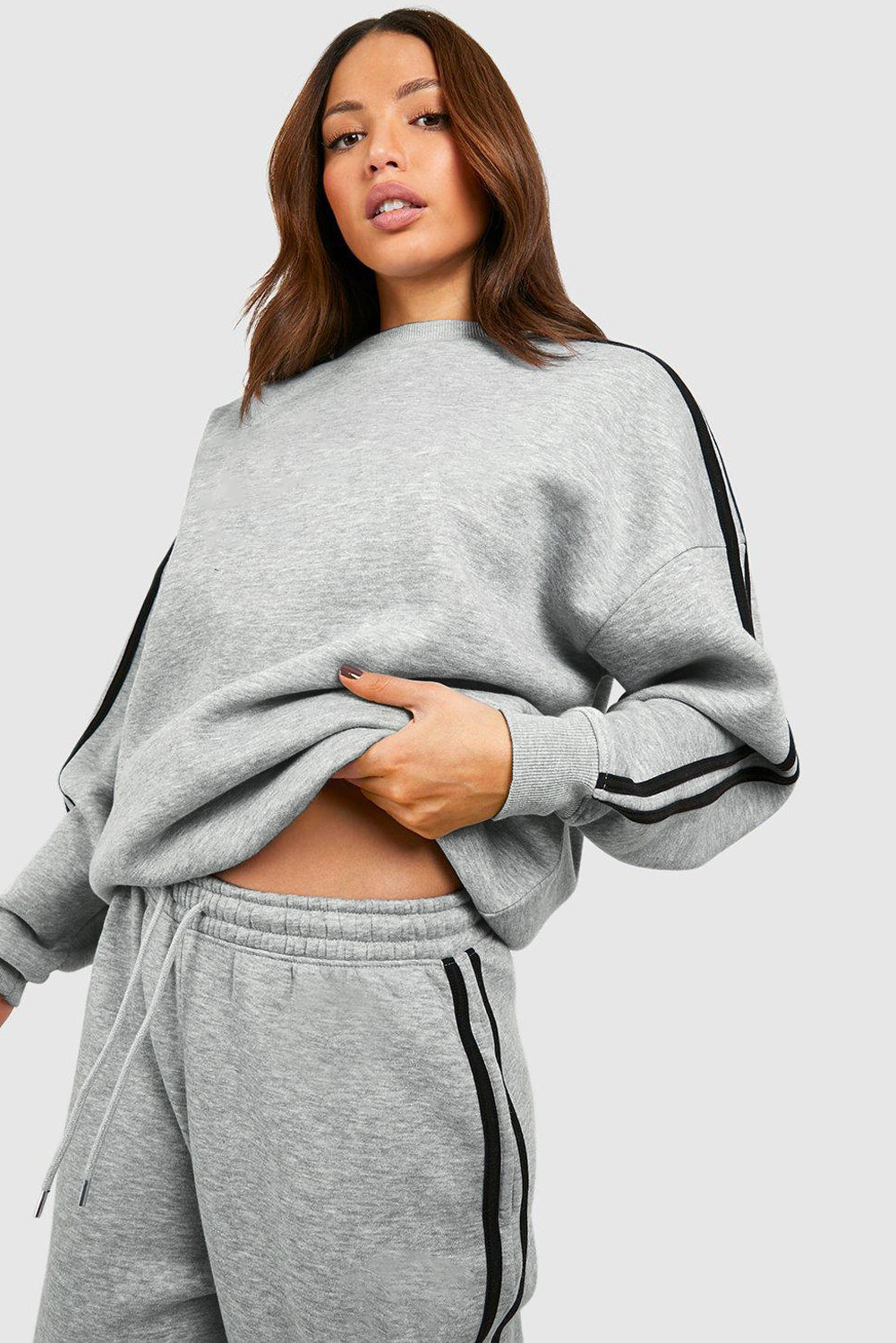 Light Grey Solid Colour Side Striped Sweatshirt Pants Set