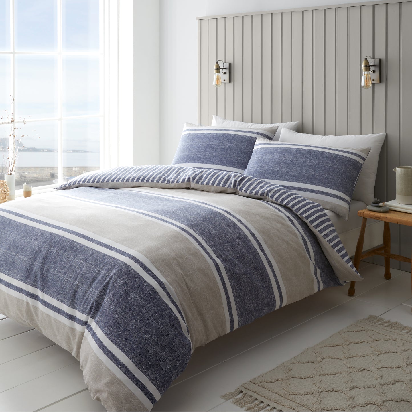 Textured Banded Stripe Reversible Duvet Cover Set in Blue by Catherine Lansfield