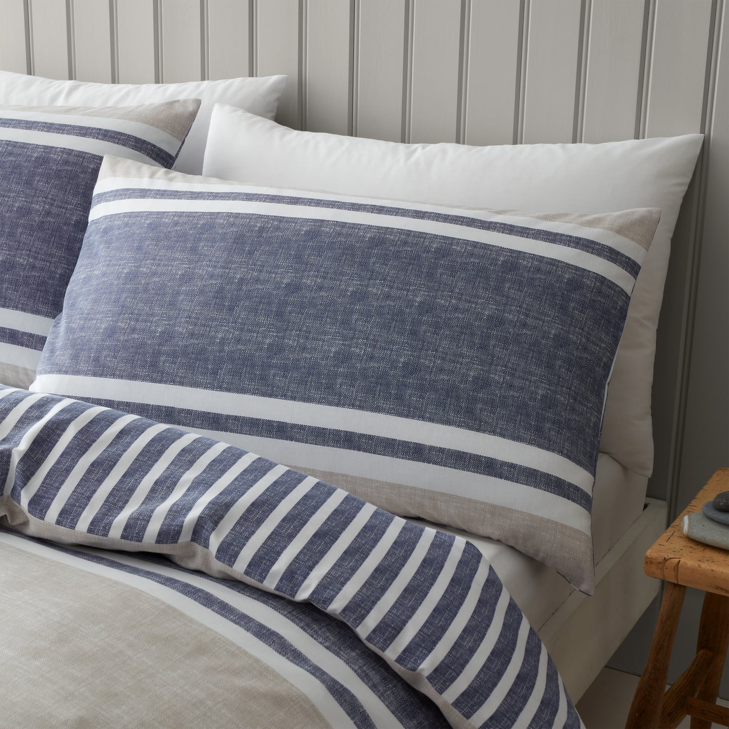 Textured Banded Stripe Reversible Duvet Cover Set in Blue by Catherine Lansfield