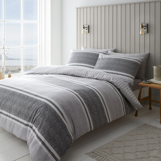 Textured Banded Stripe Reversible Duvet Cover Set in Charcoal by Catherine Lansfield