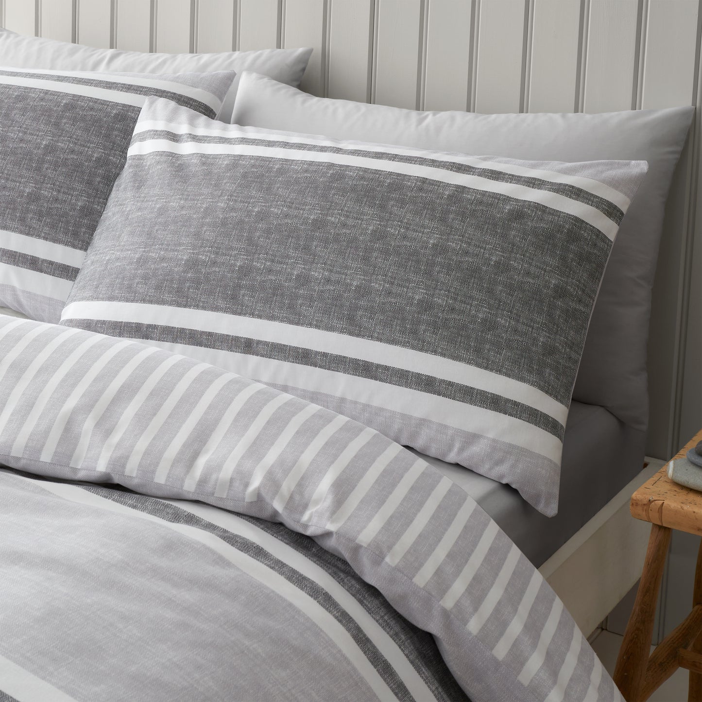 Textured Banded Stripe Reversible Duvet Cover Set in Charcoal by Catherine Lansfield