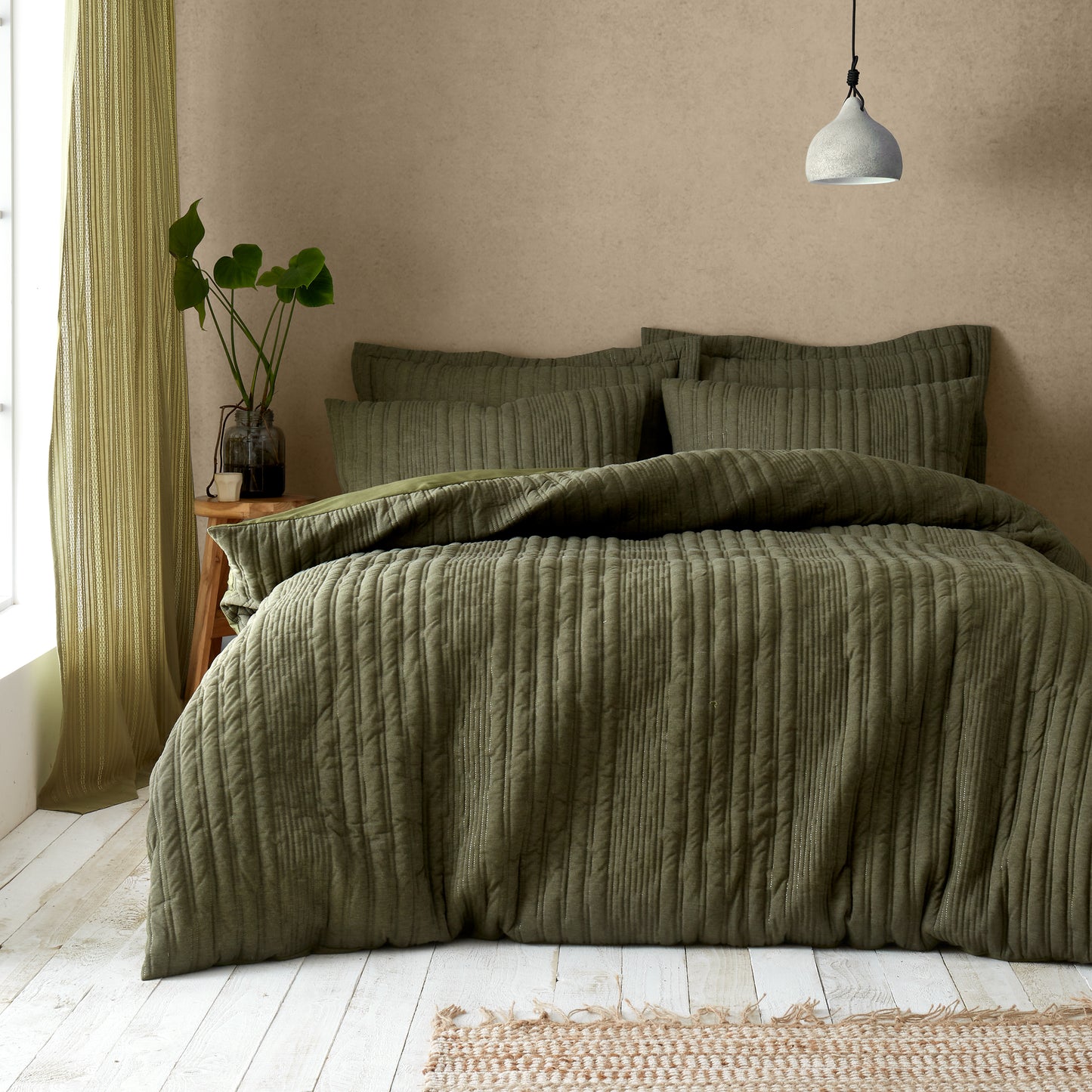 Tamba Jersey Stripe Quilted Duvet Cover Set in Olive by Pineapple Elephant