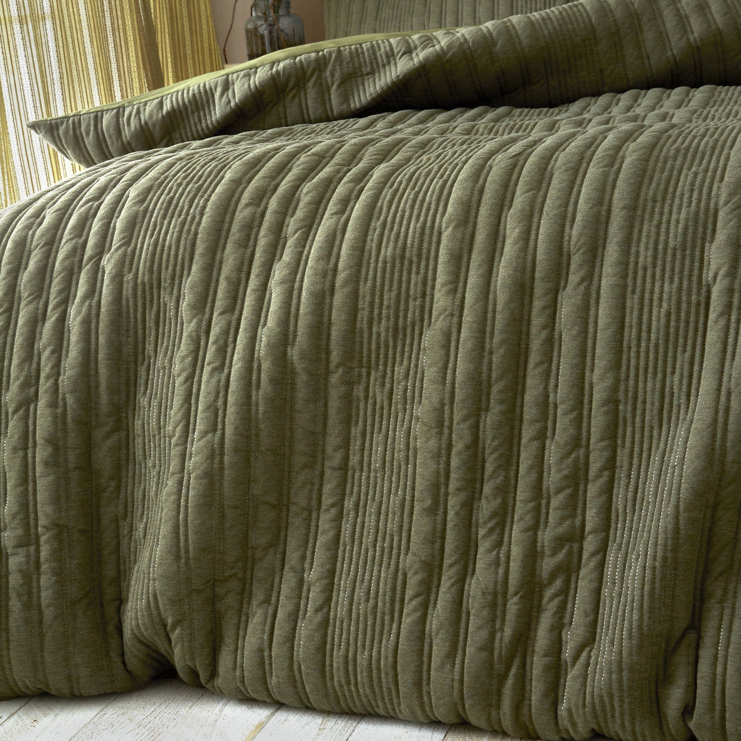 Tamba Jersey Stripe Quilted Duvet Cover Set in Olive by Pineapple Elephant