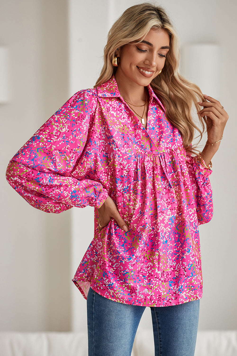 Abstract Print Loose Fit Collared V Neck Babydoll Blouse