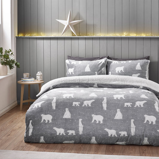 Catherine Lansfield Grey Cosy Polar Bear Soft Sherpa Duvet Cover Set