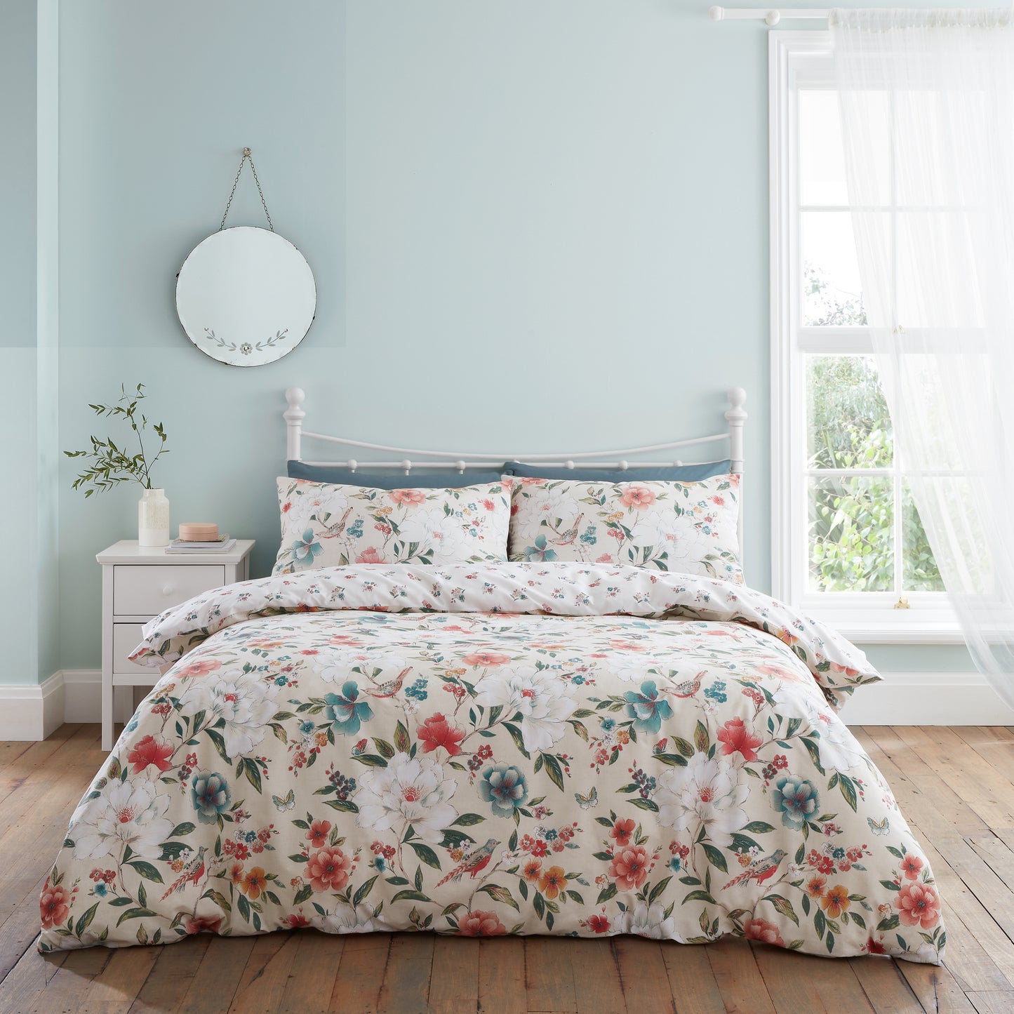 Pippa Floral Birds Reversible Duvet Cover Set in Natural by Catherine Lansfield