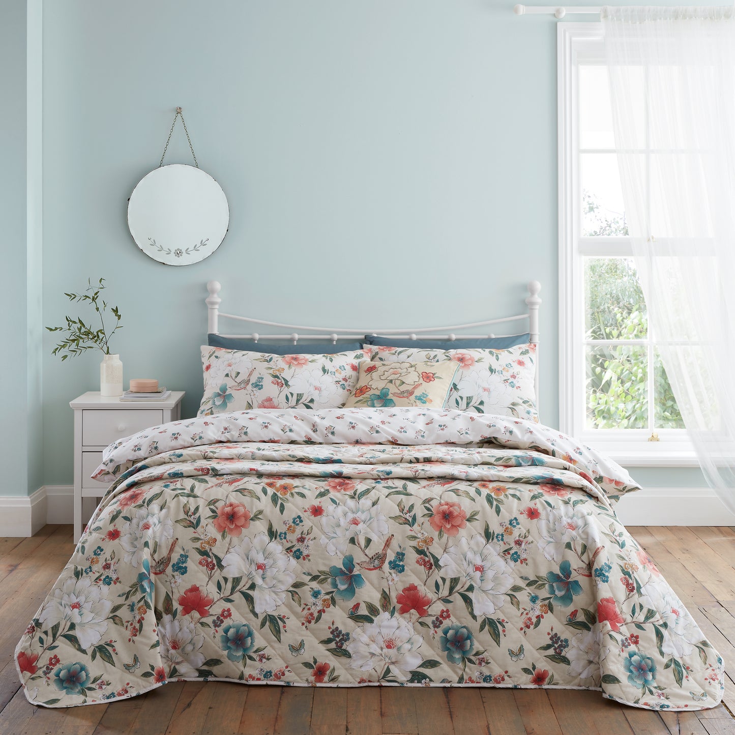 Pippa Floral Birds Reversible Duvet Cover Set in Natural by Catherine Lansfield