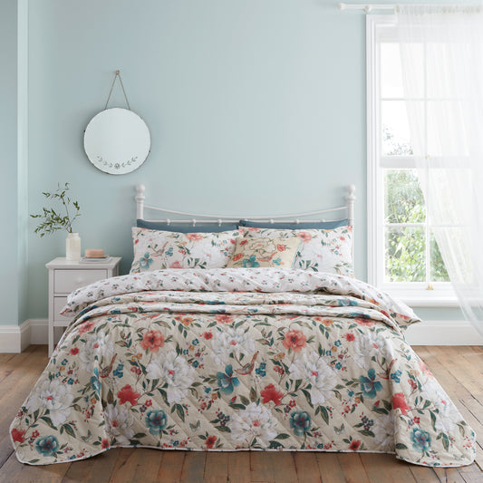 Pippa Floral Birds Reversible Duvet Cover Set in Natural by Catherine Lansfield