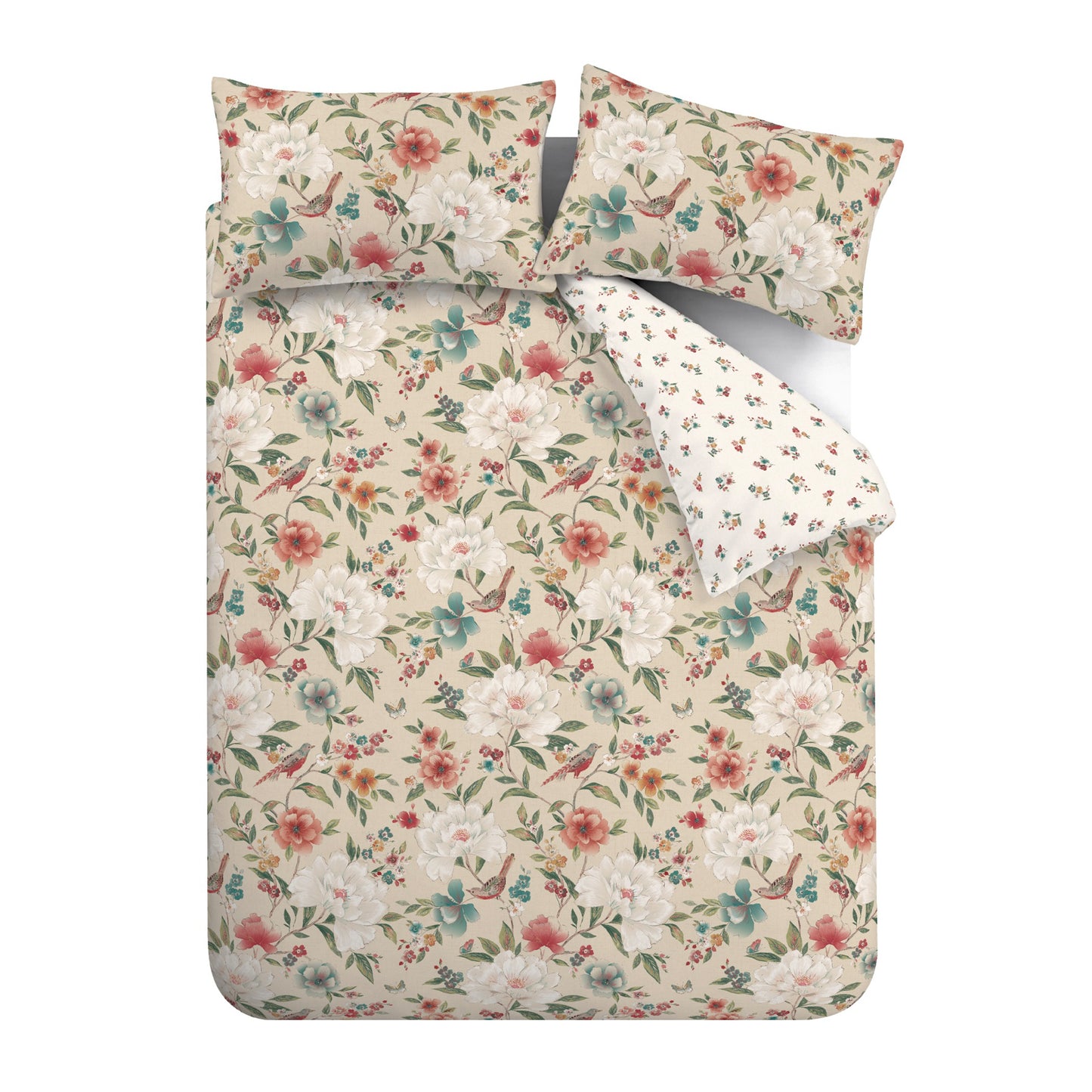 Pippa Floral Birds Reversible Duvet Cover Set in Natural by Catherine Lansfield