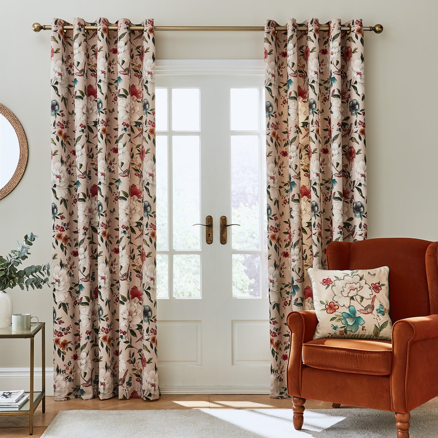 Pippa Floral Birds Eyelet Curtains in Natural by Catherine Lansfield