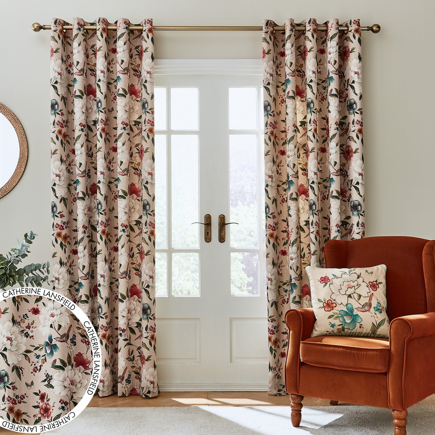 Pippa Floral Birds Eyelet Curtains in Natural by Catherine Lansfield