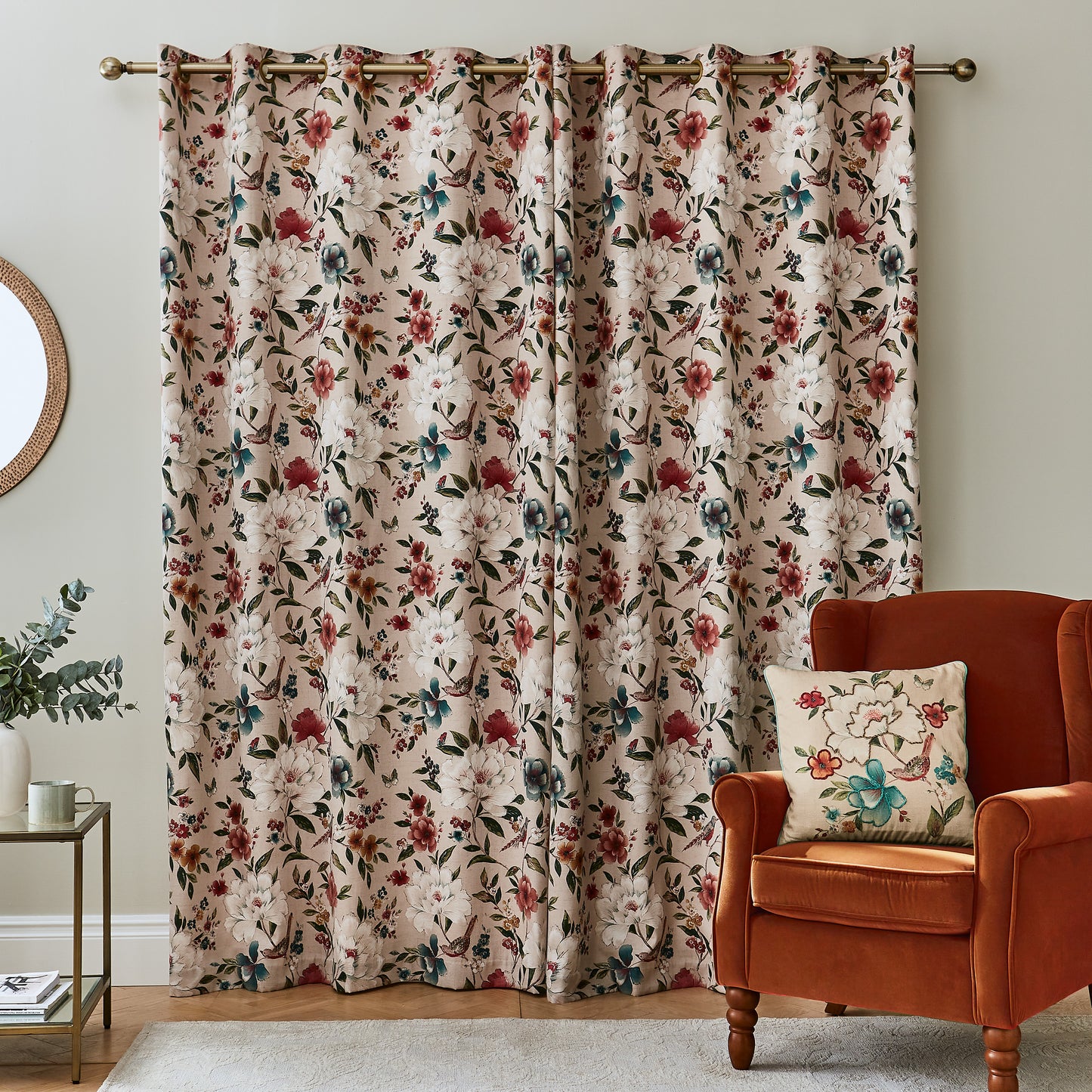 Pippa Floral Birds Eyelet Curtains in Natural by Catherine Lansfield