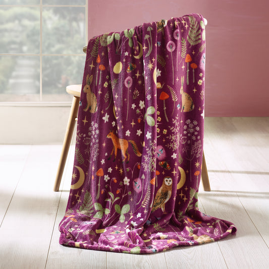 Catherine Lansfield Plum Enchanted Twilight Animals Cosy Blanket Throw