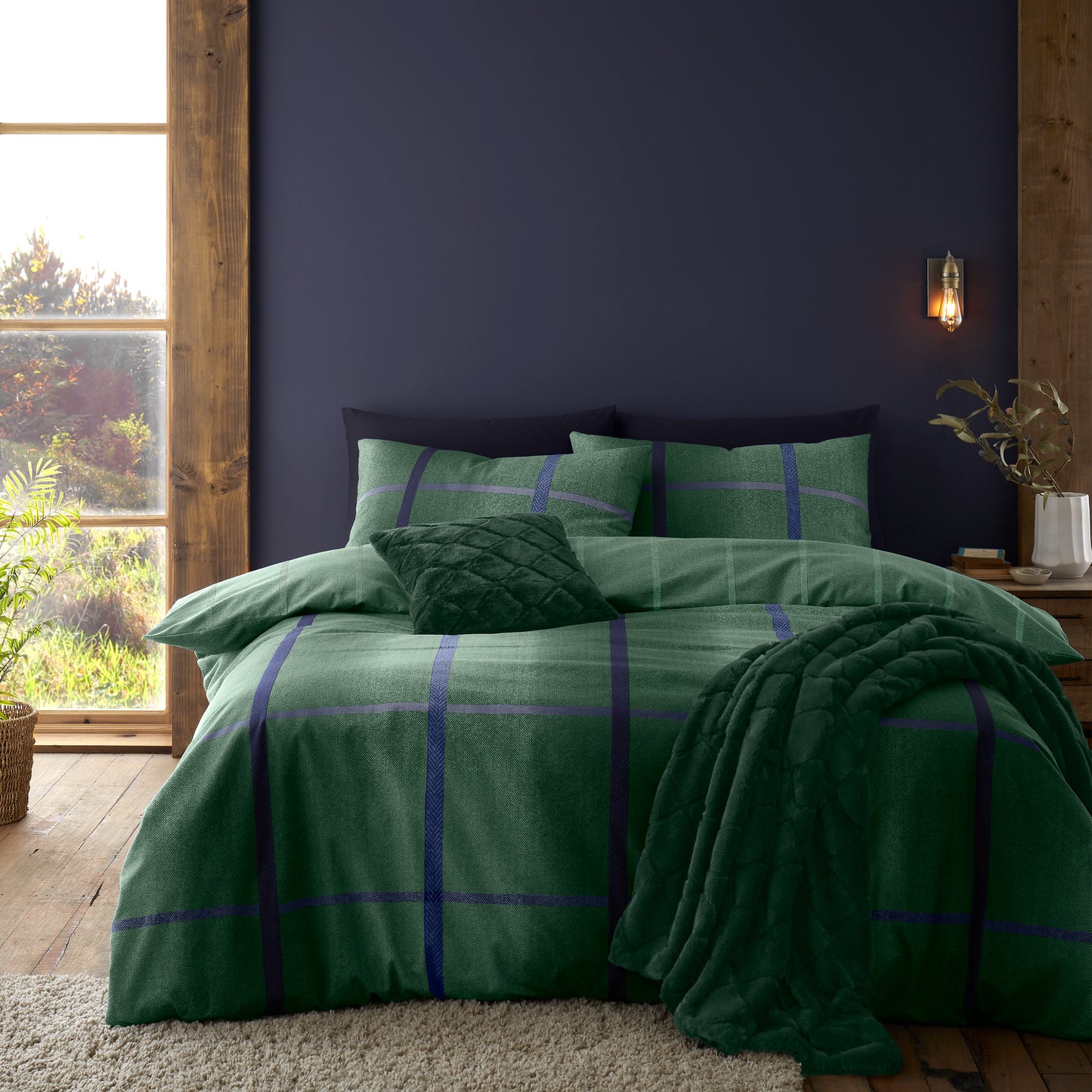 Brushed Melrose Tweed Check Green Duvet Cover Set by Catherine Lansfield