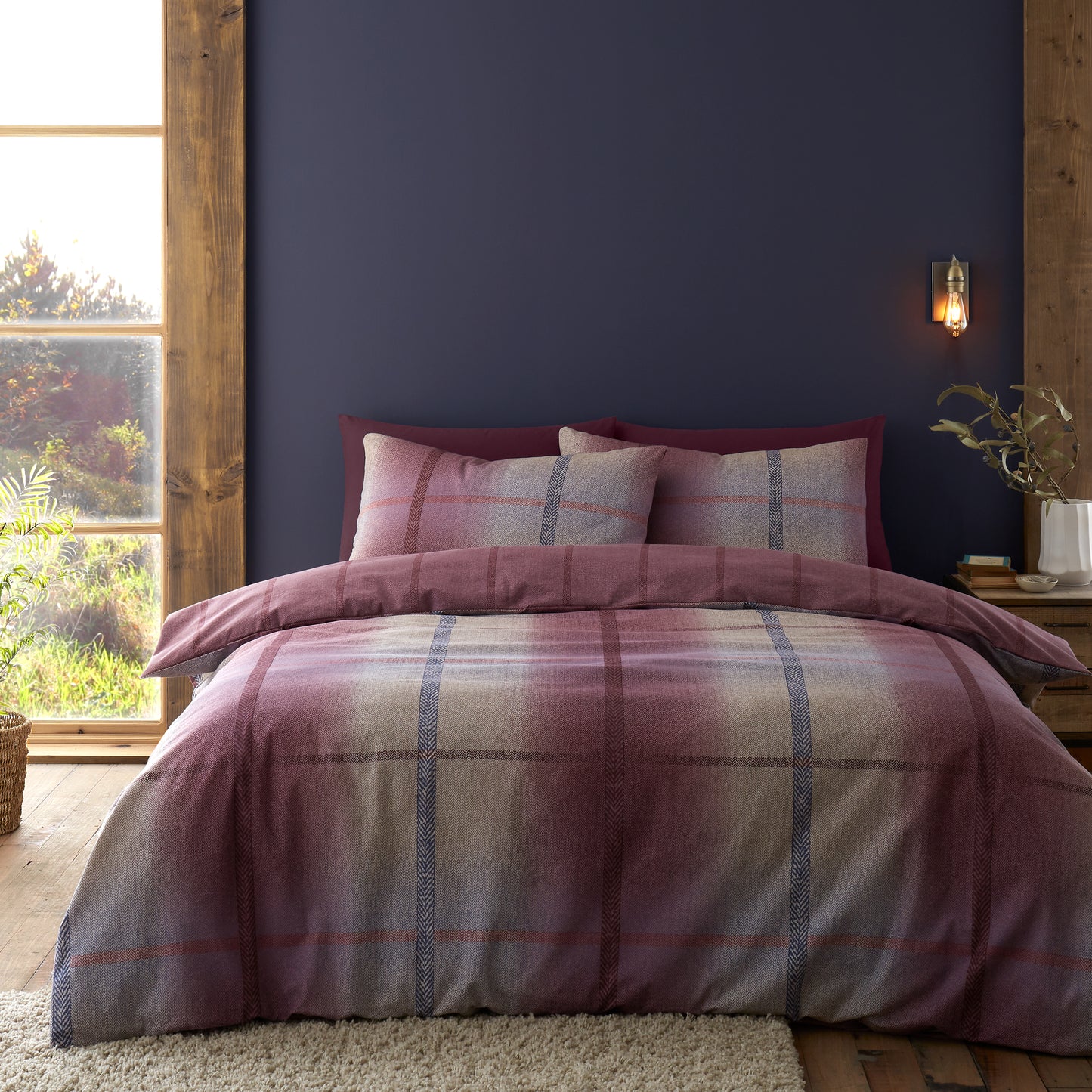 Brushed Melrose Tweed Check Plum Duvet Cover Set by Catherine Lansfield