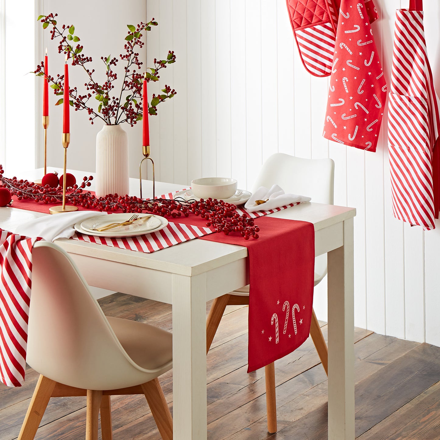 Christmas Candy Cane Cotton Embroidered Cotton Dining Table Runner White Red by Catherine Lansfield