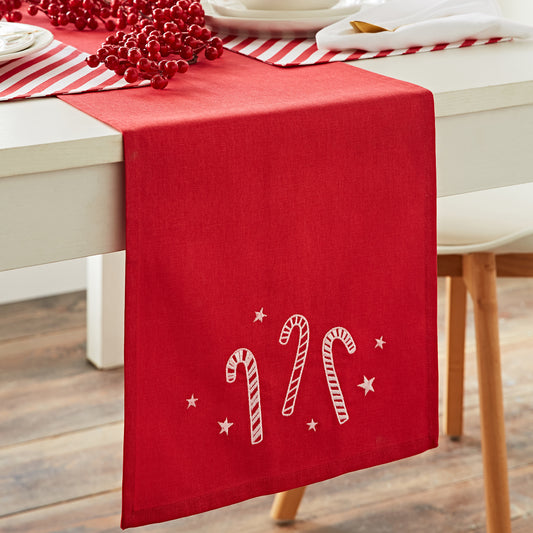 Christmas Candy Cane Cotton Embroidered Cotton Dining Table Runner White Red by Catherine Lansfield