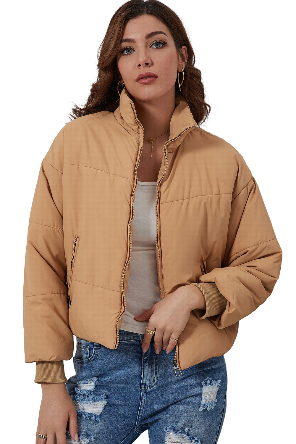 Solid Zip Up Pocketed Puffer Coat