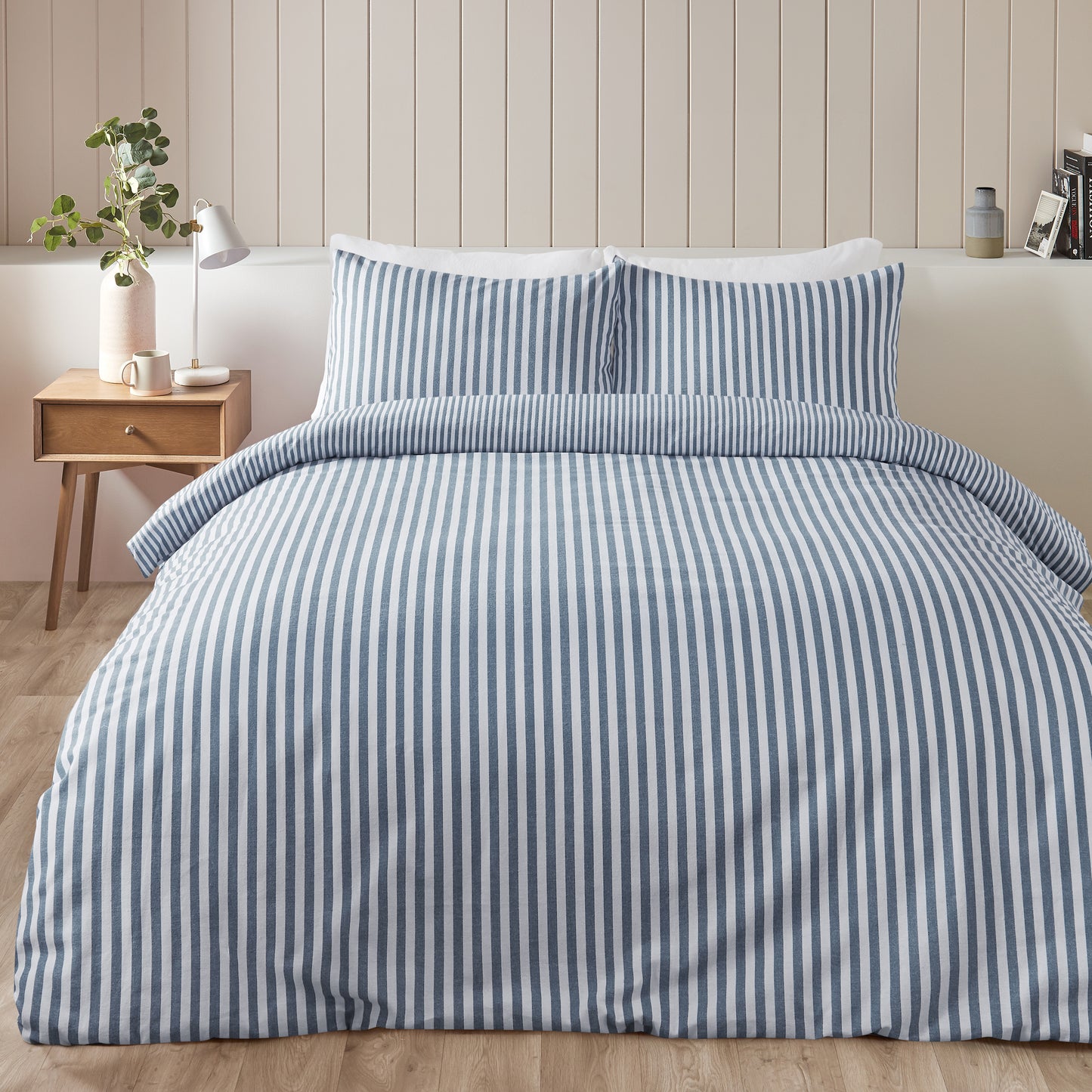 Brushed Stripe Cotton Reversible Duvet Cover Set in Blue by Catherine Lansfield