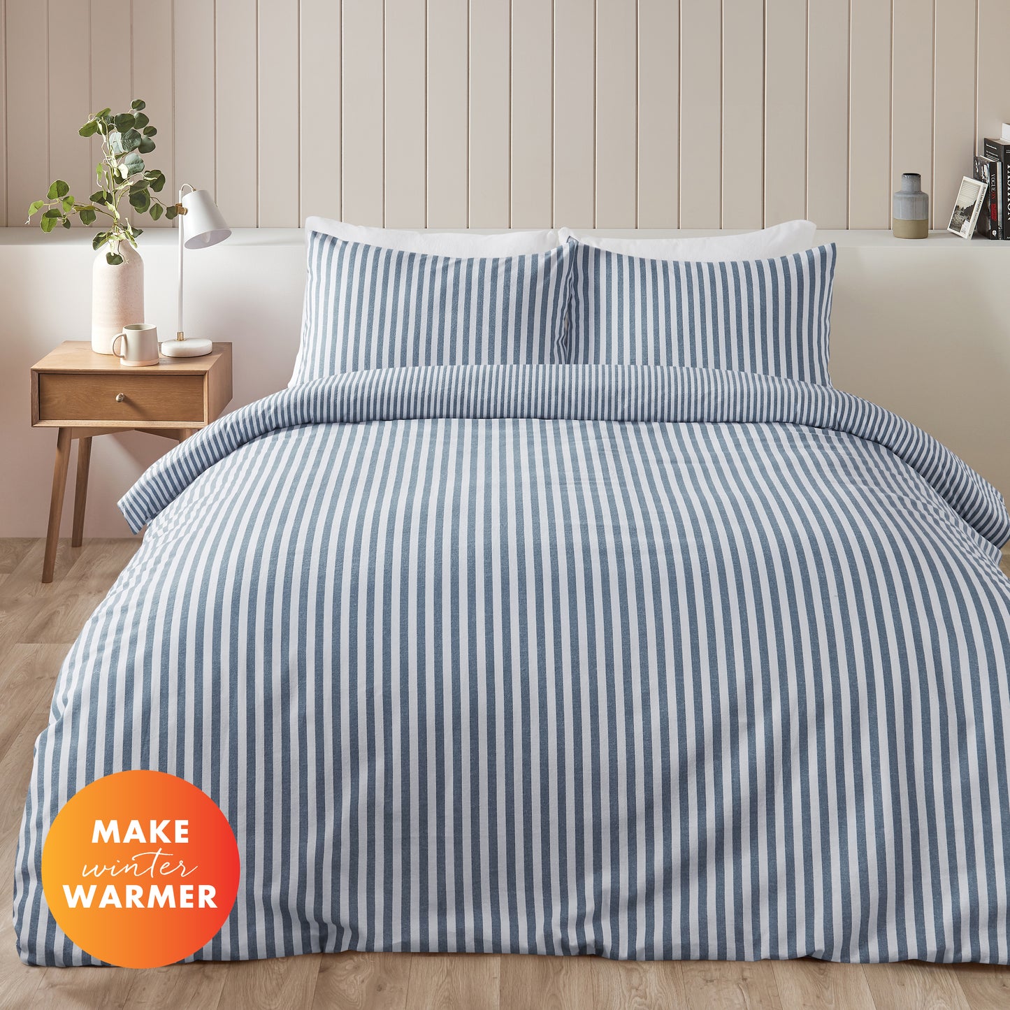 Brushed Stripe Cotton Reversible Duvet Cover Set in Blue by Catherine Lansfield