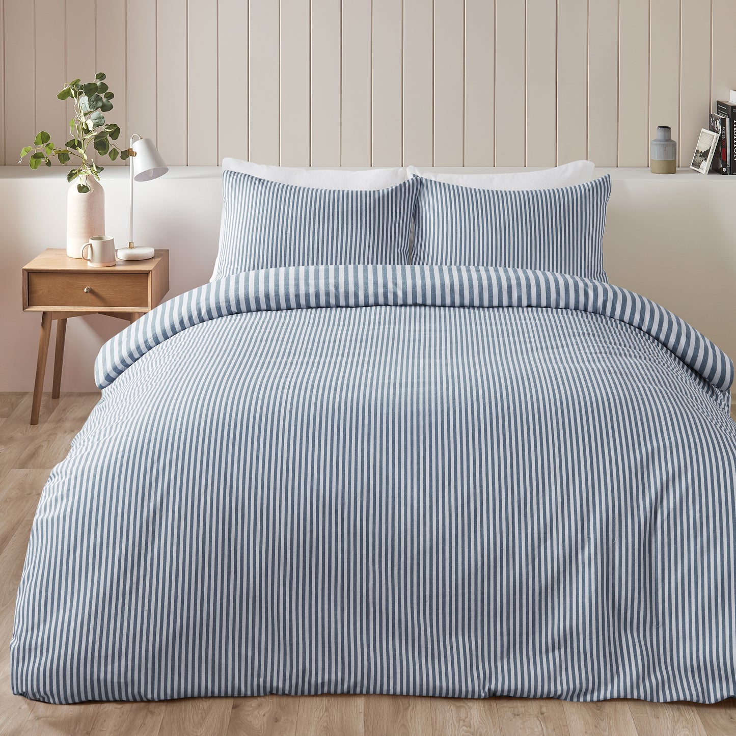 Brushed Stripe Cotton Reversible Duvet Cover Set in Blue by Catherine Lansfield