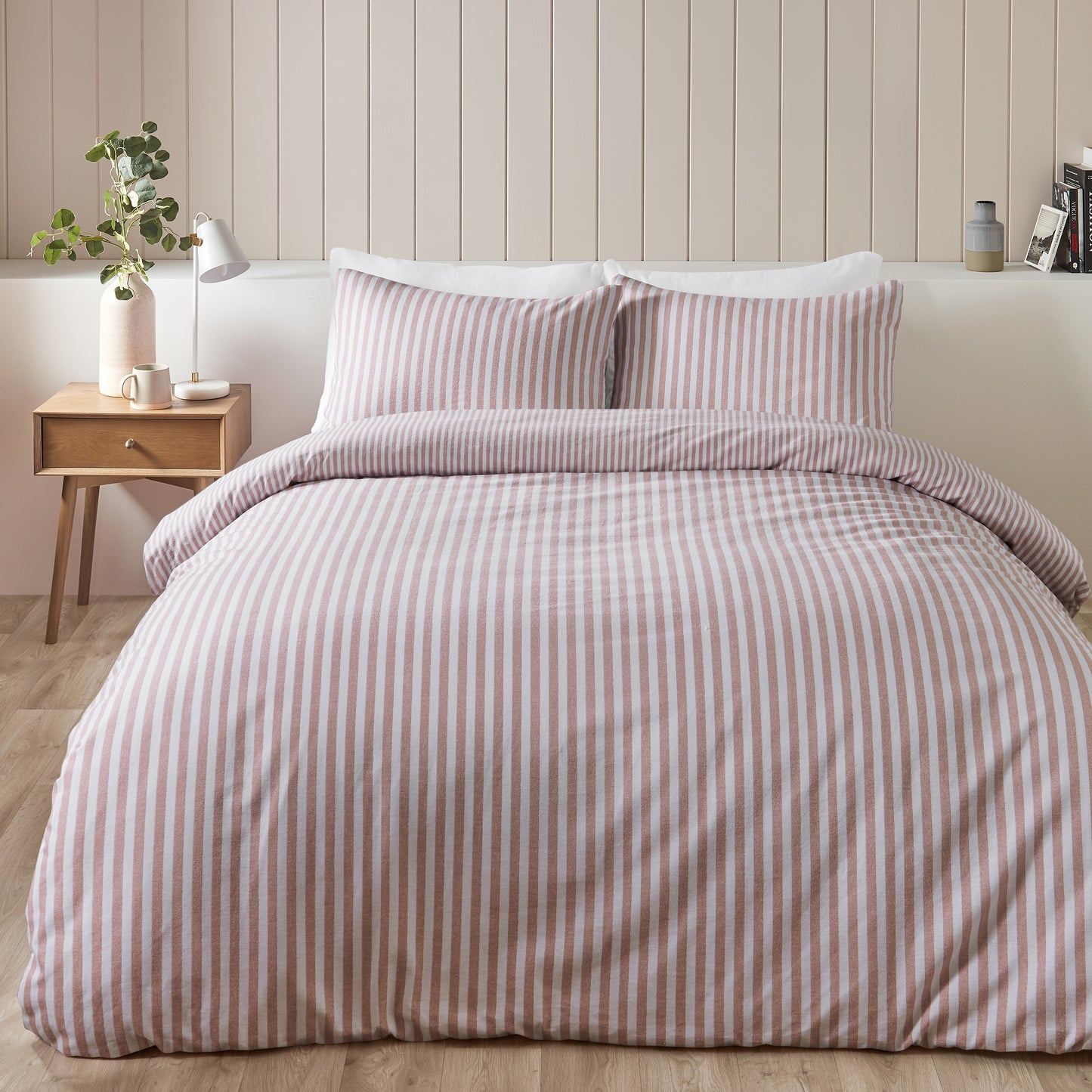 Brushed Stripe Cotton Reversible Duvet Cover Set in Blush Pink by Catherine Lansfield