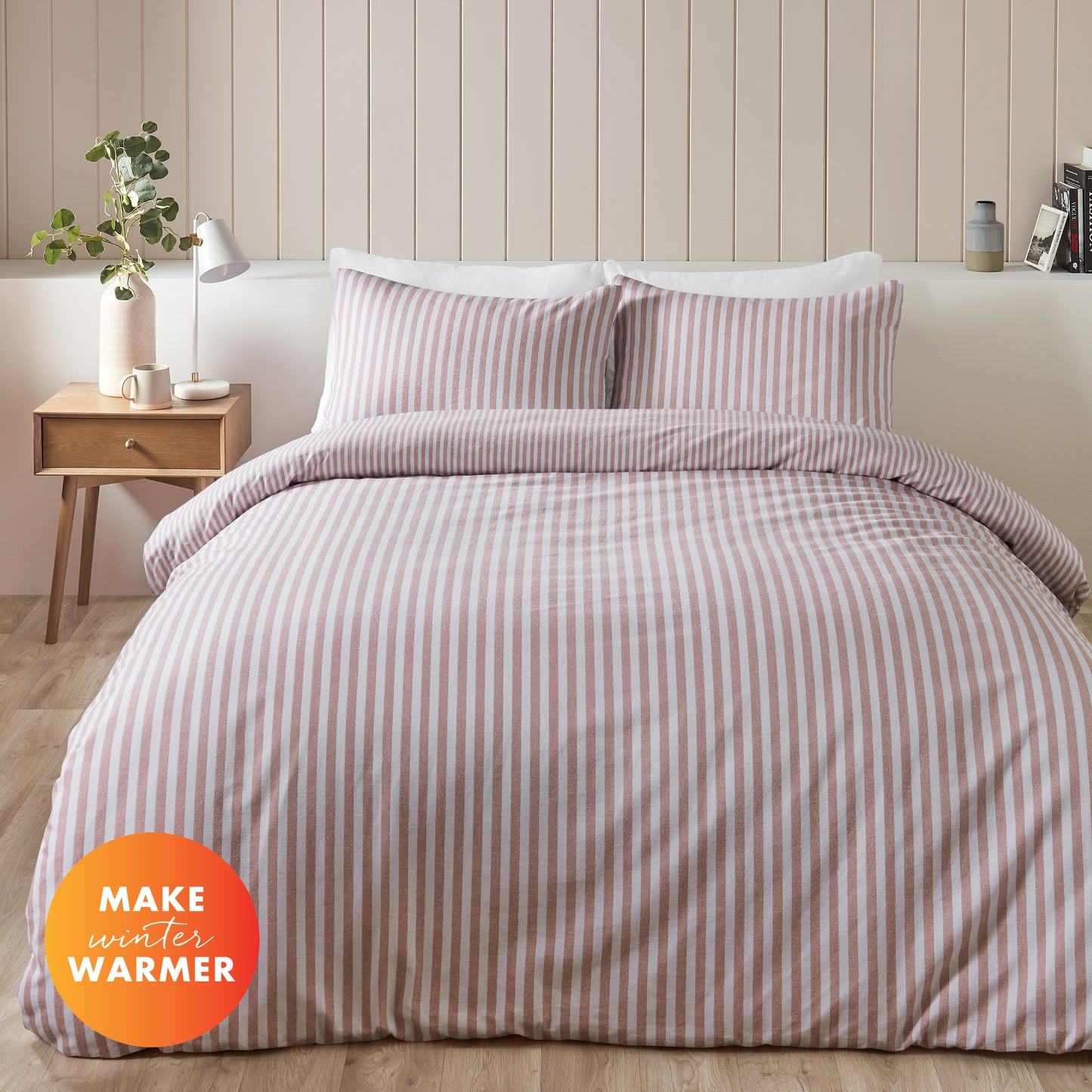 Brushed Stripe Cotton Reversible Duvet Cover Set in Blush Pink by Catherine Lansfield