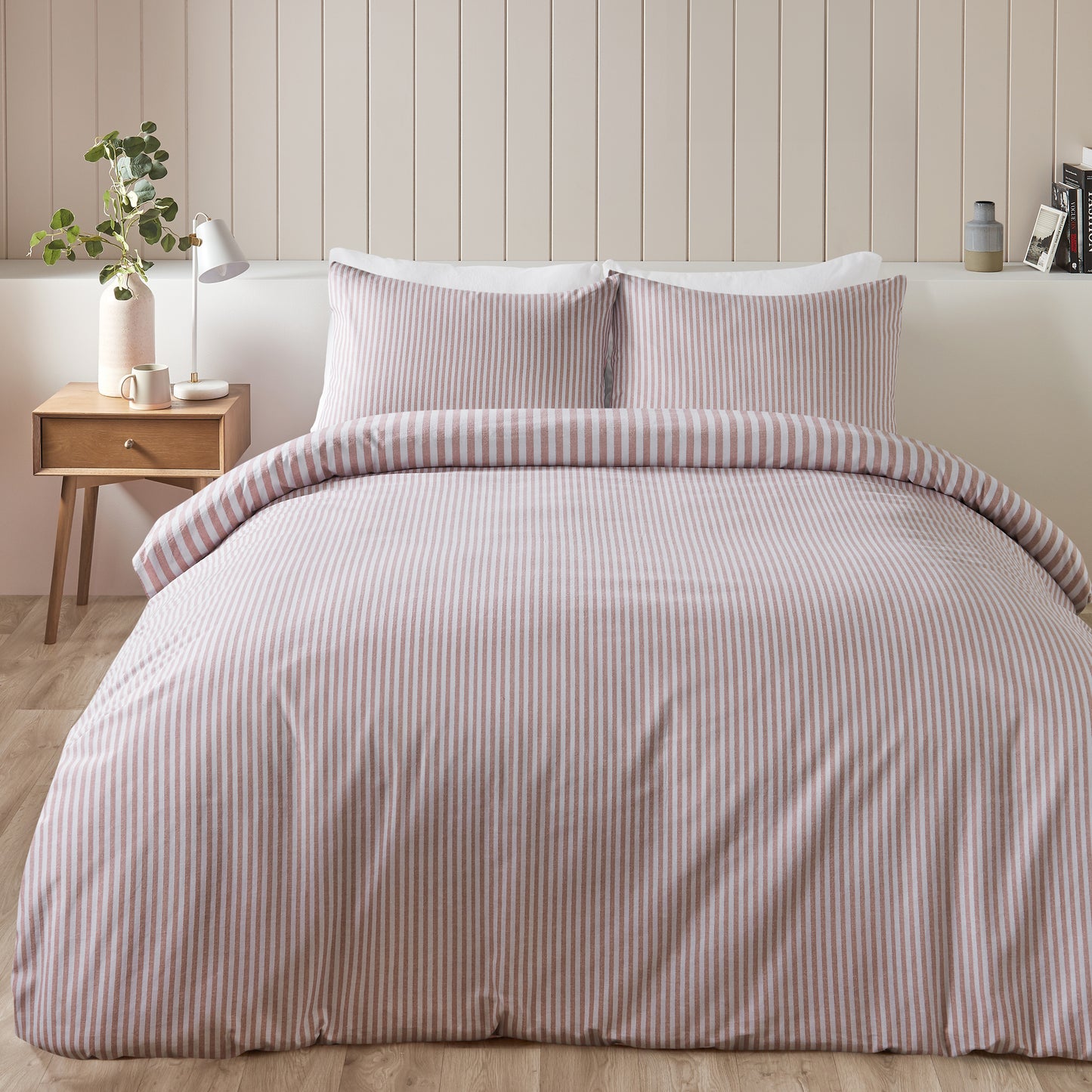 Brushed Stripe Cotton Reversible Duvet Cover Set in Blush Pink by Catherine Lansfield