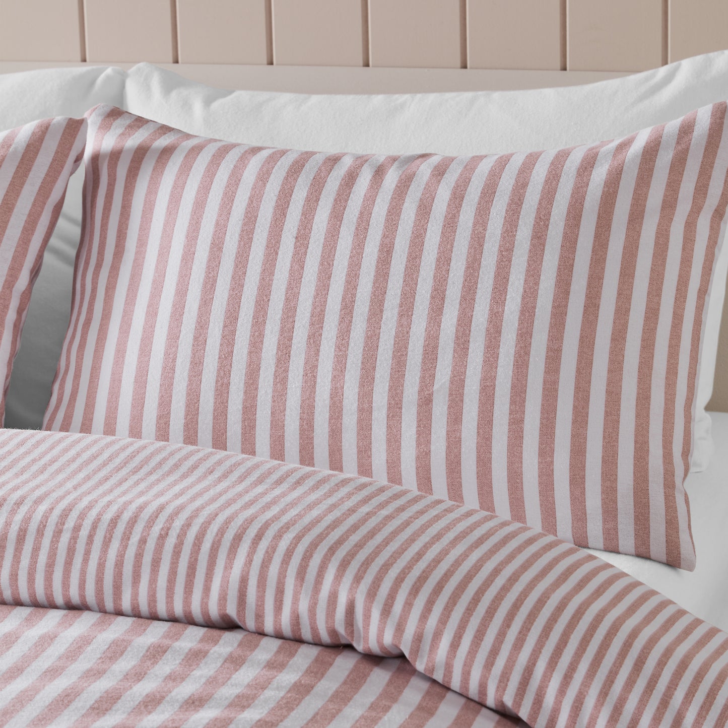 Brushed Stripe Cotton Reversible Duvet Cover Set in Blush Pink by Catherine Lansfield