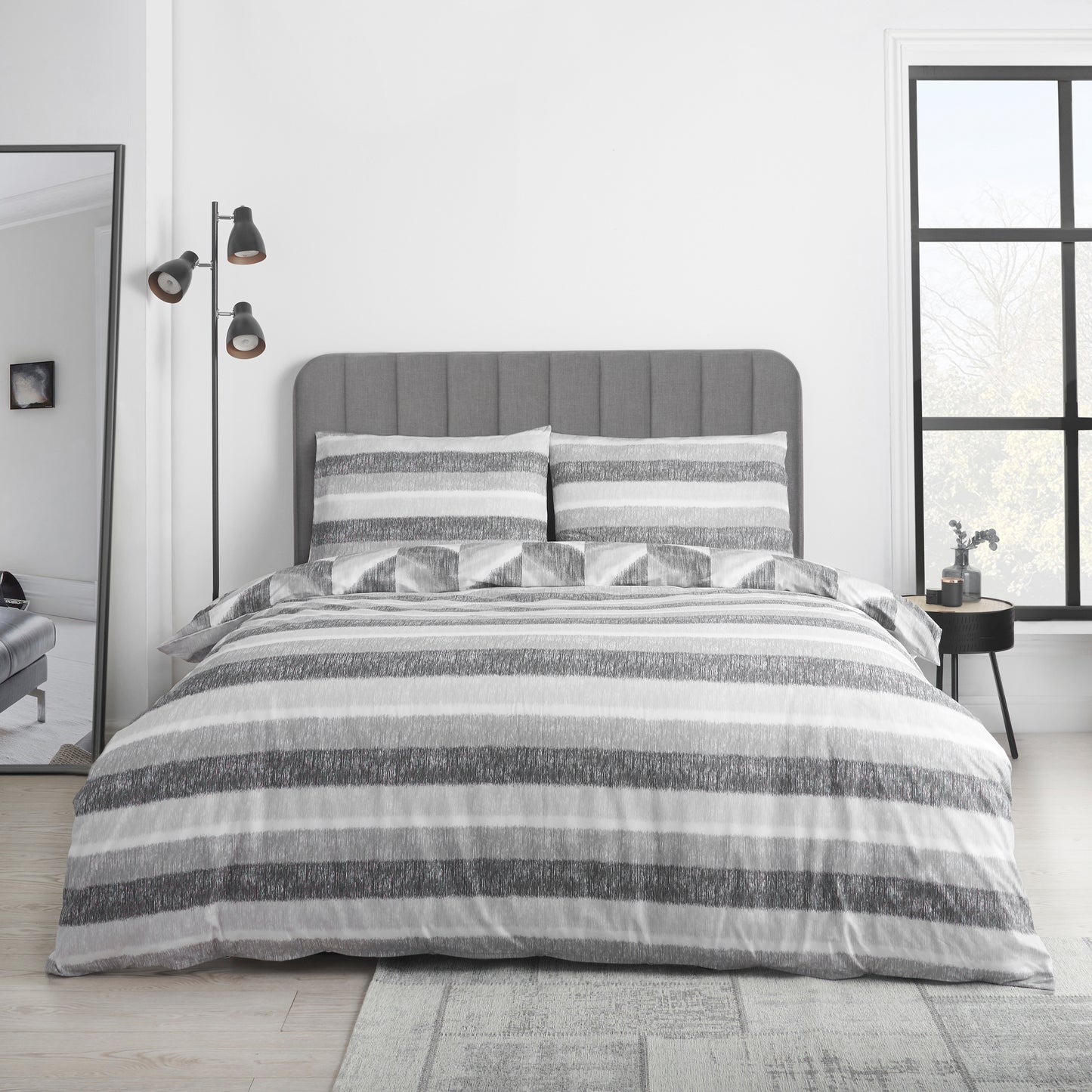 Charcoal Grey Karmari Stripe Reversible Duvet Cover Set by Catherine Lansfield