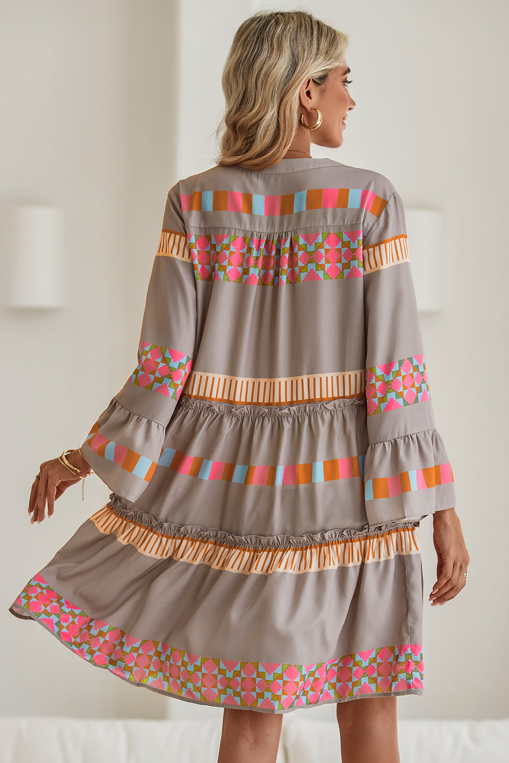 Simply Ethnic Geometric Print Ruffle Mini Dress