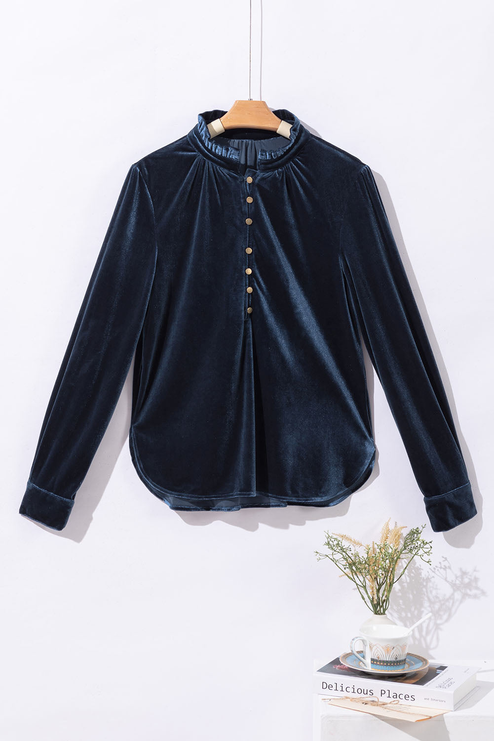 Frilled Buttoned V Neck Velvet Blouse