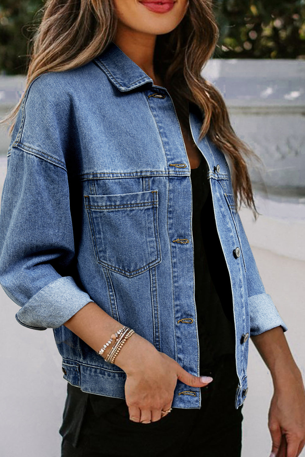 Washed Oversized Pocketed Denim Jacket