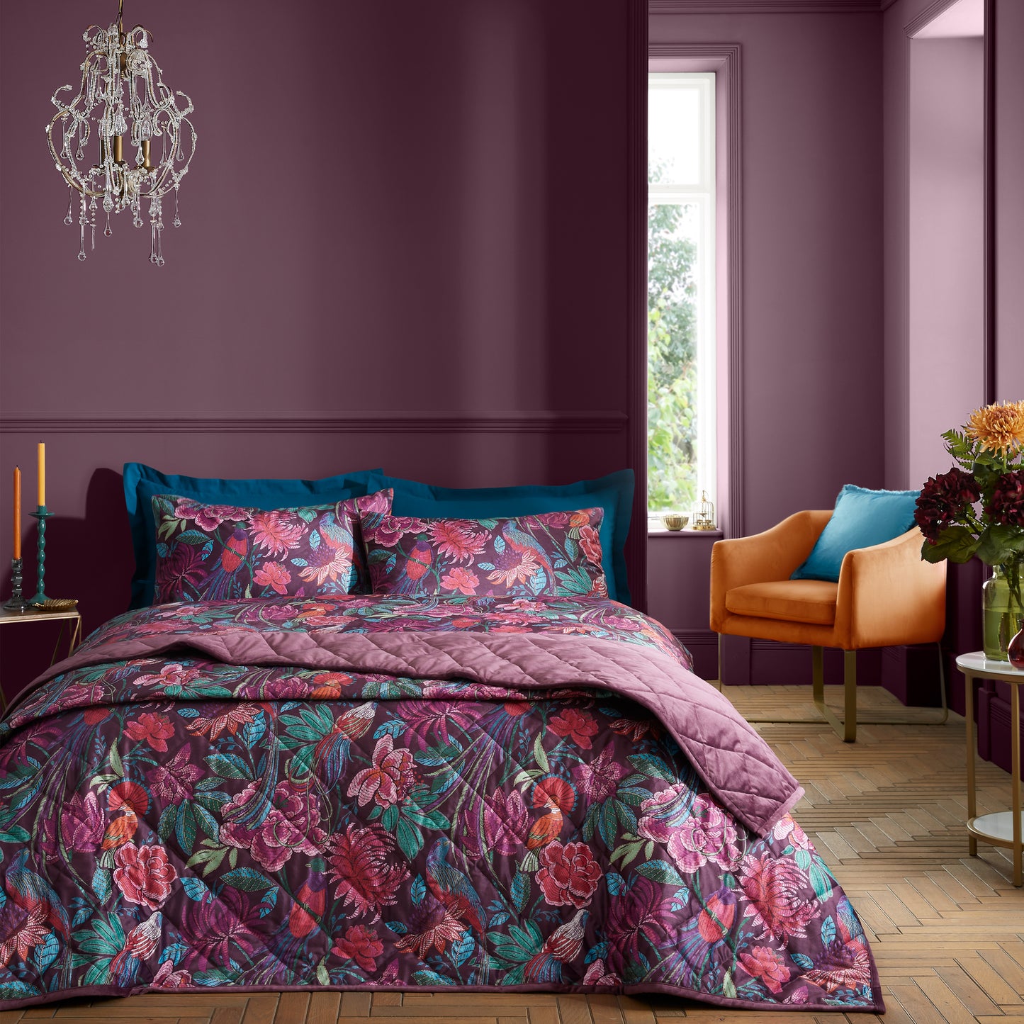 Kate Floral Soft Velvet Quilted 220x230cm Bedspread in Plum Bridgerton By Catherine Lansfield