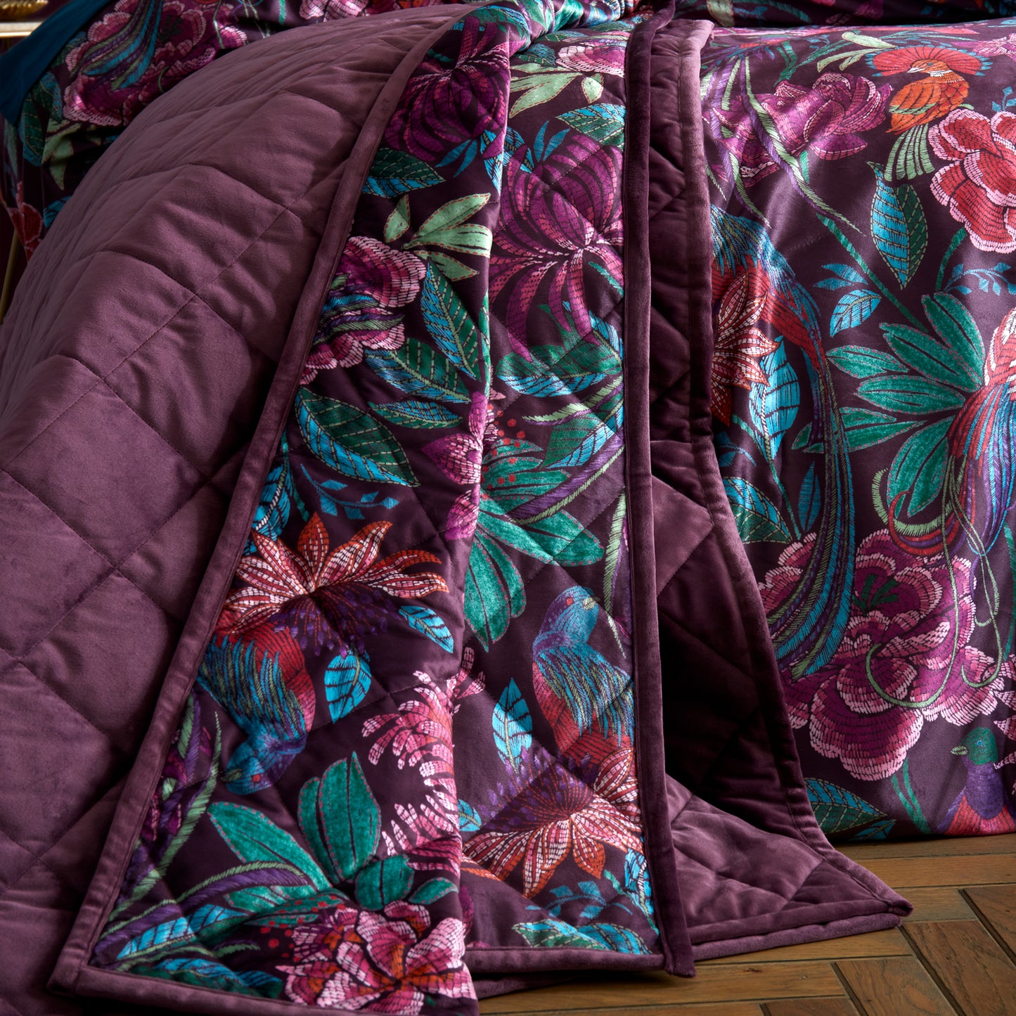 Kate Floral Soft Velvet Quilted 220x230cm Bedspread in Plum Bridgerton By Catherine Lansfield