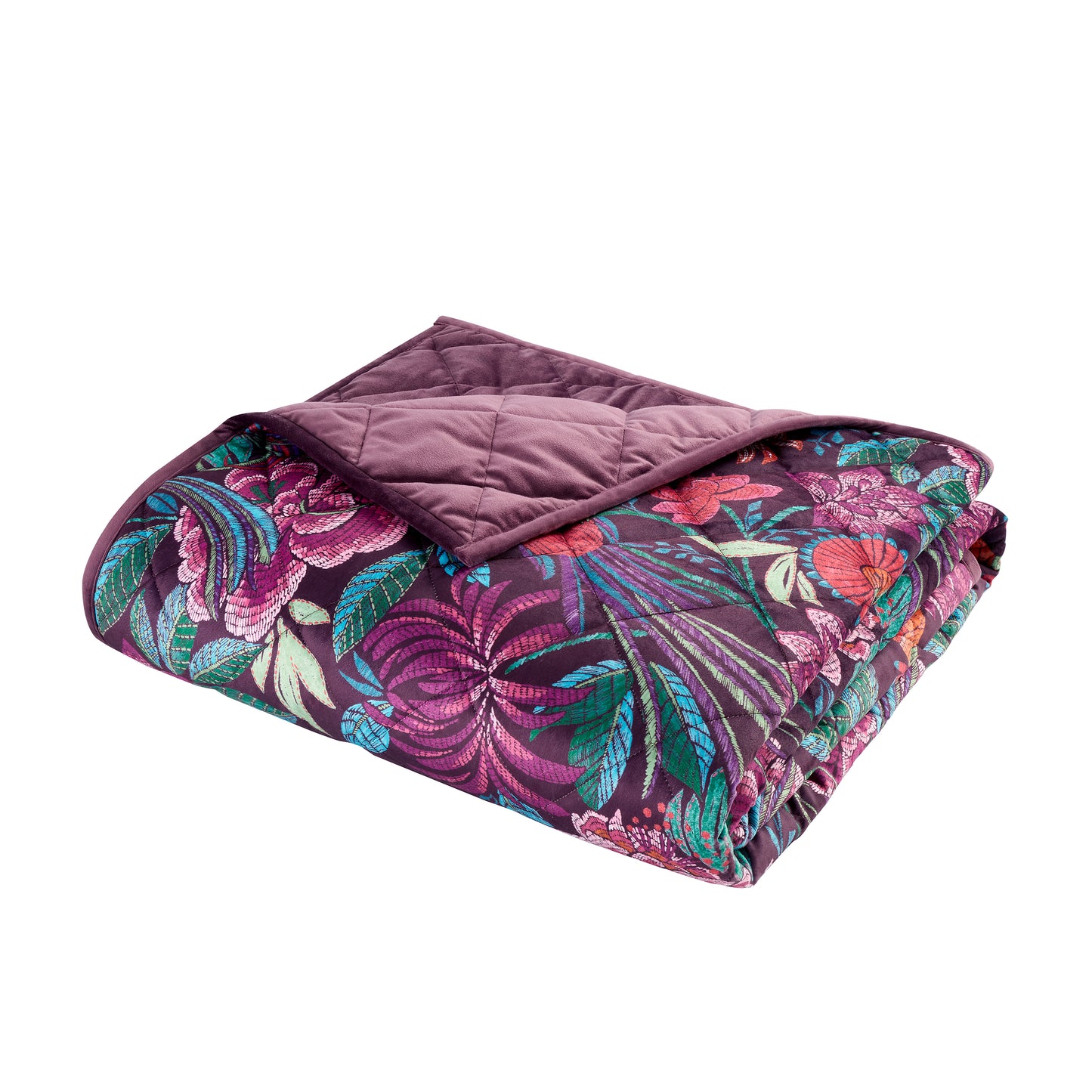 Kate Floral Soft Velvet Quilted 220x230cm Bedspread in Plum Bridgerton By Catherine Lansfield