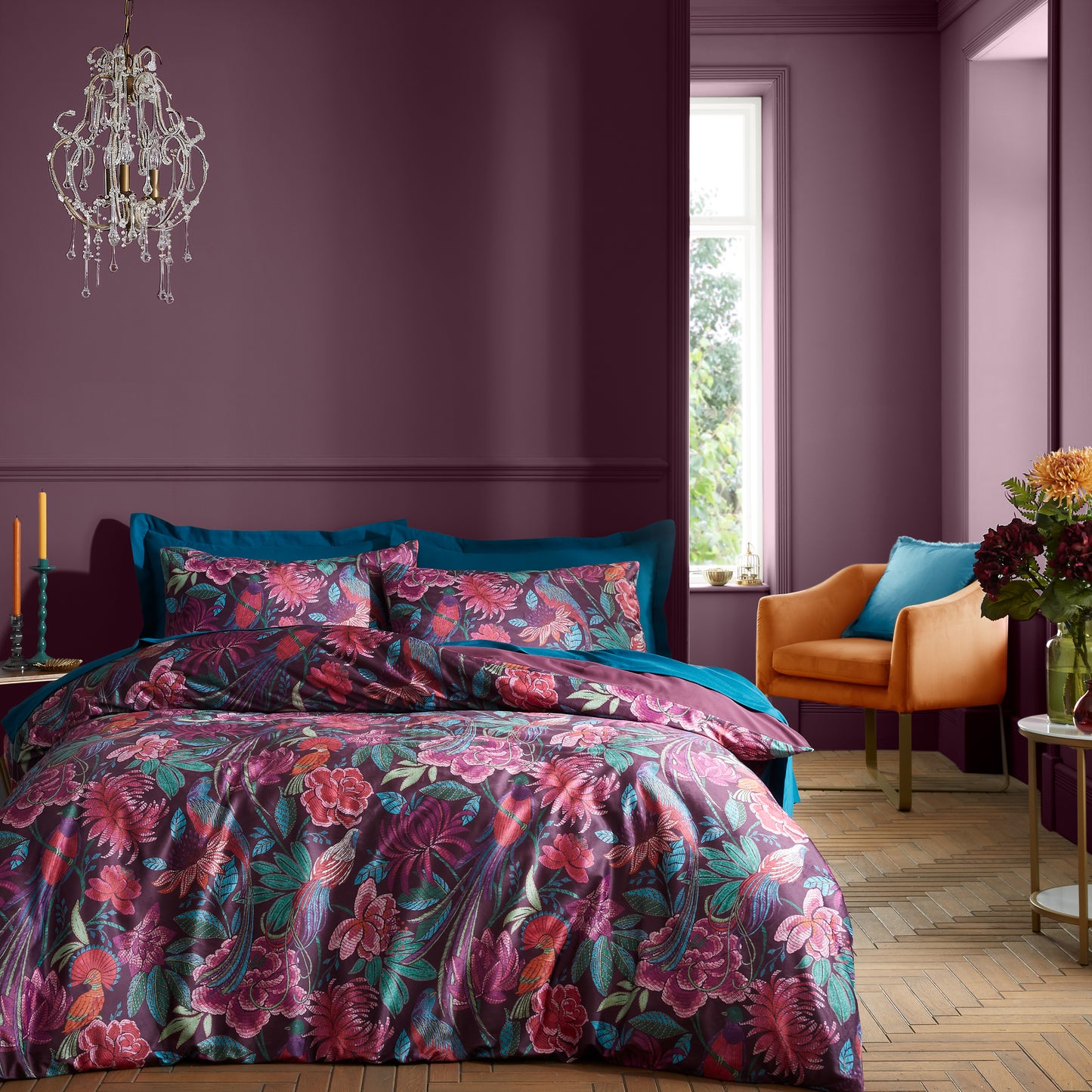 Kate Floral Soft Velvet Duvet Cover Set in Plum - Bridgerton By Catherine Lansfield