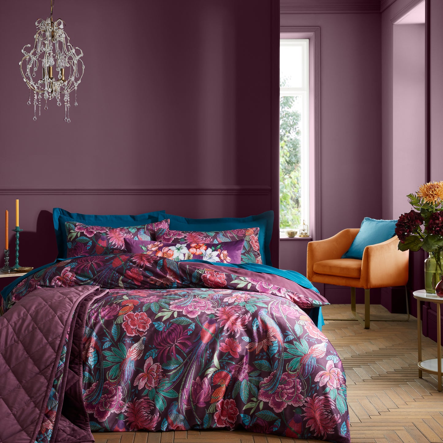 Kate Floral Soft Velvet Duvet Cover Set in Plum - Bridgerton By Catherine Lansfield