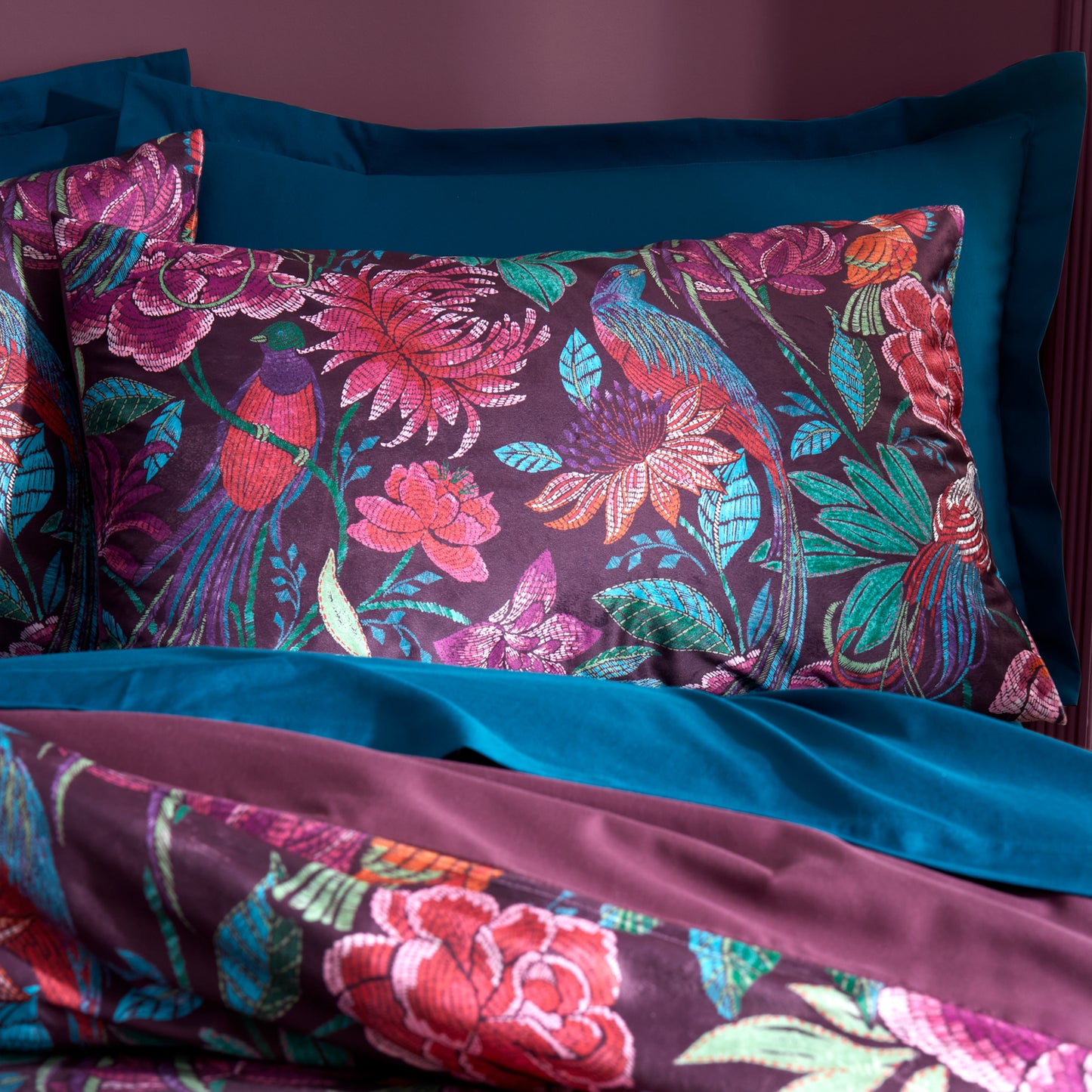 Kate Floral Soft Velvet Duvet Cover Set in Plum - Bridgerton By Catherine Lansfield