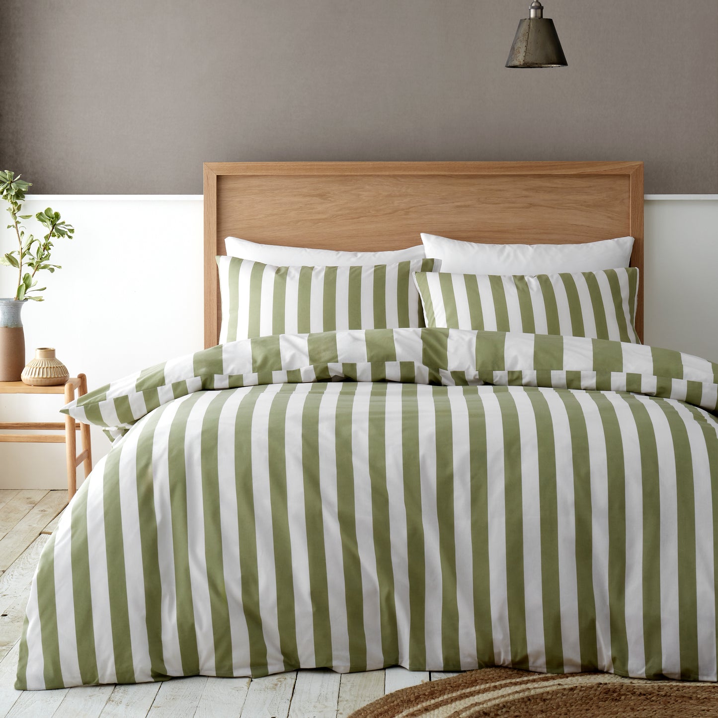 Cove Stripe Reversible Duvet Cover Set in Green by Catherine Lansfield