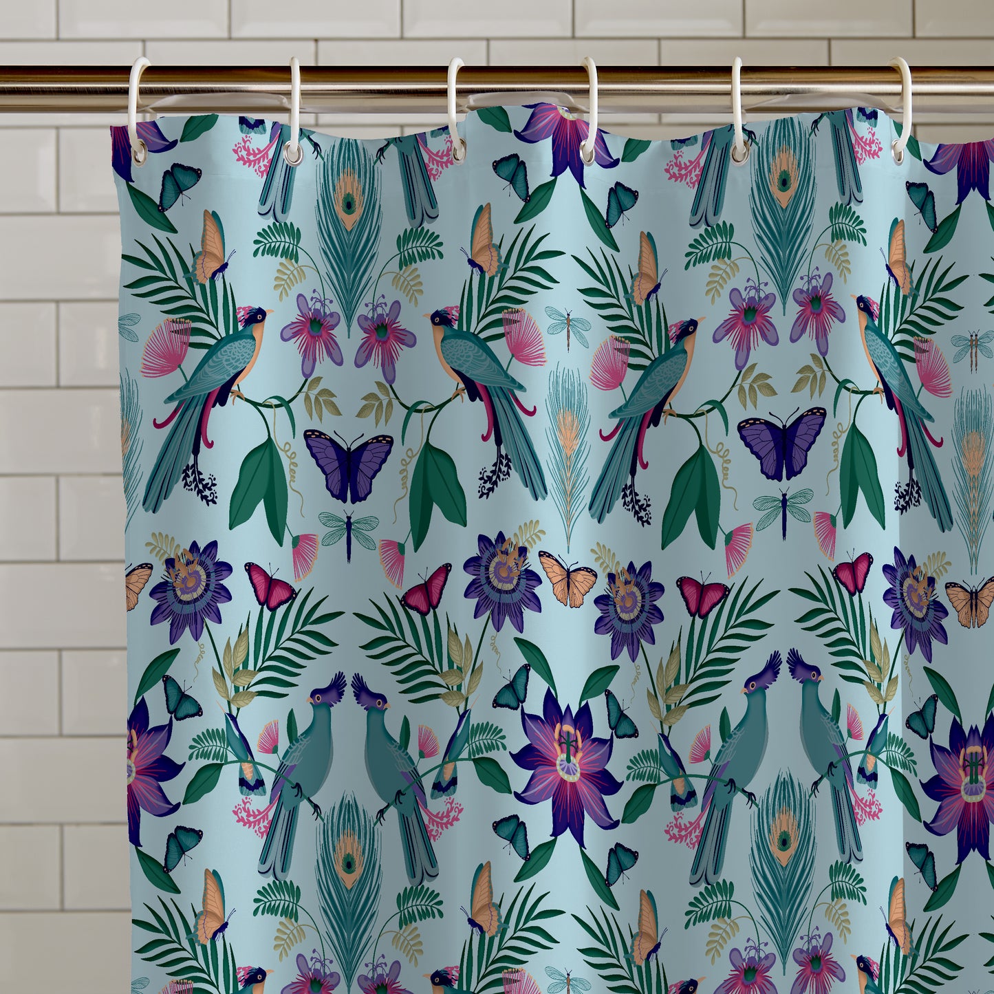 Catherine Lansfield Mya Tropical Bird Shower Curtain Panel in Duck egg Blue