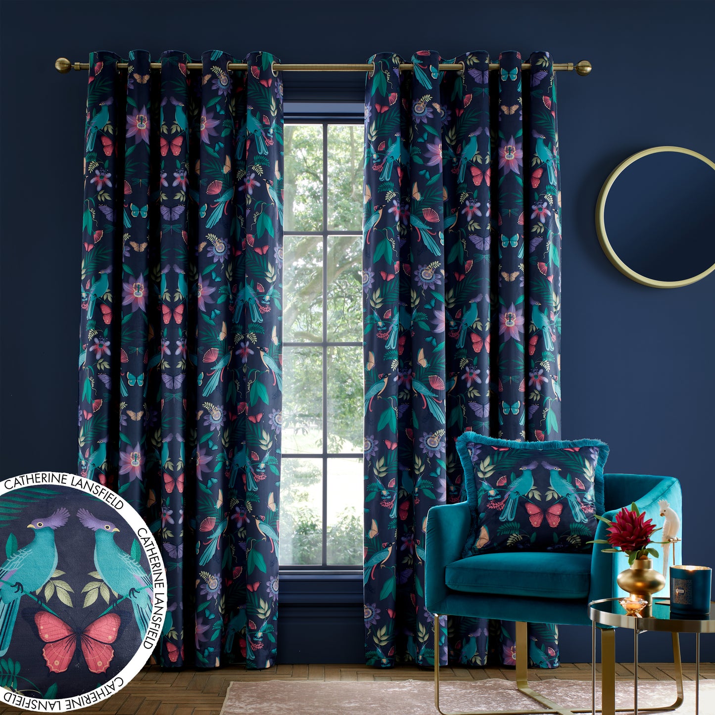 Mya Tropical Floral Lined Eyelet Curtains in Navy Blue by Catherine Lansfield