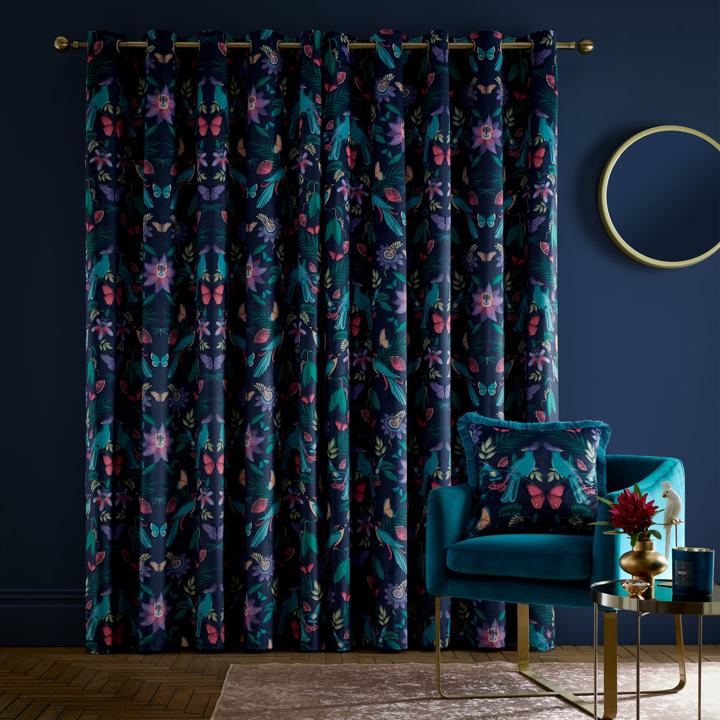 Mya Tropical Floral Lined Eyelet Curtains in Navy Blue by Catherine Lansfield