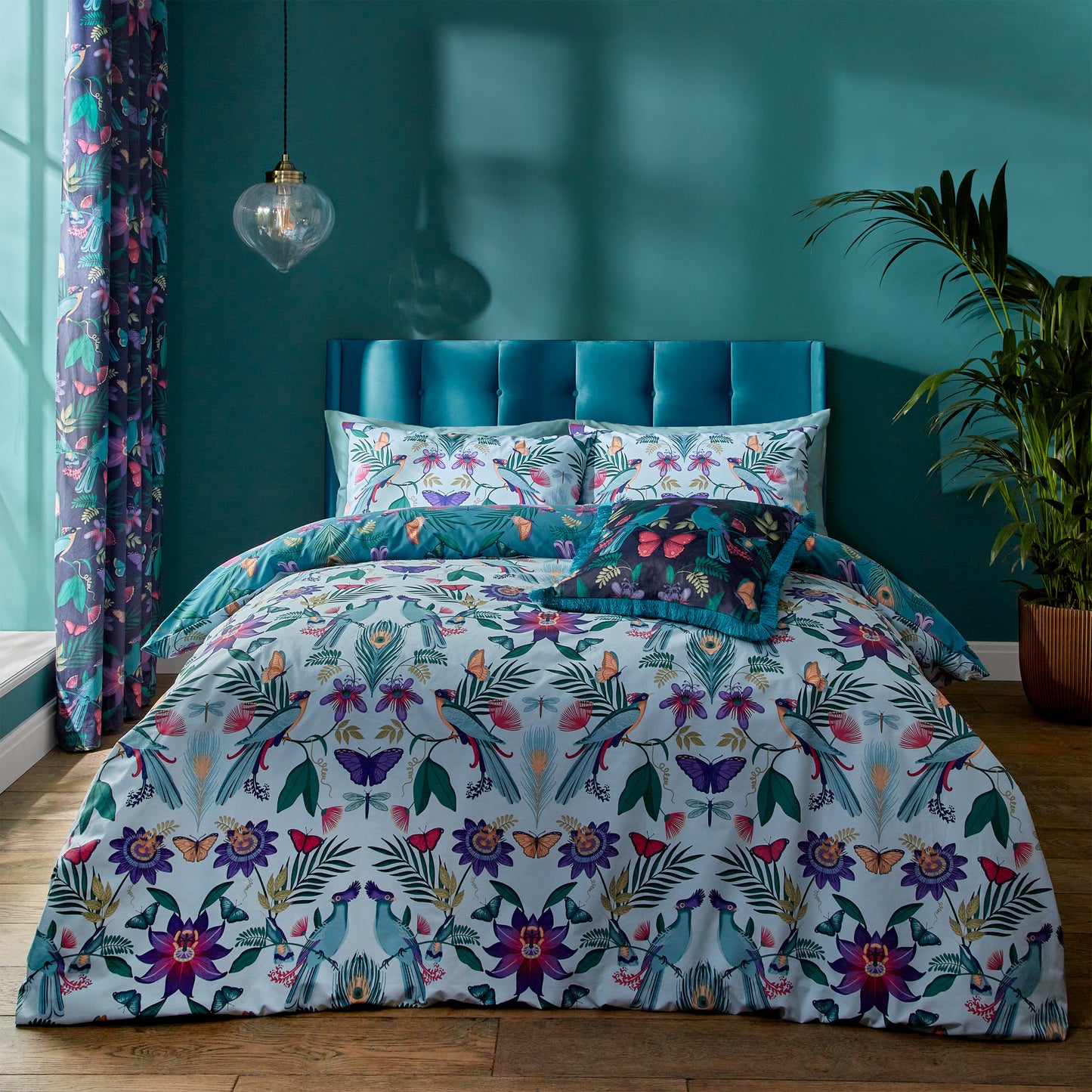 Mya Tropical Reversible Duvet Cover Set in Duck Egg Blue by Catherine Lansfield