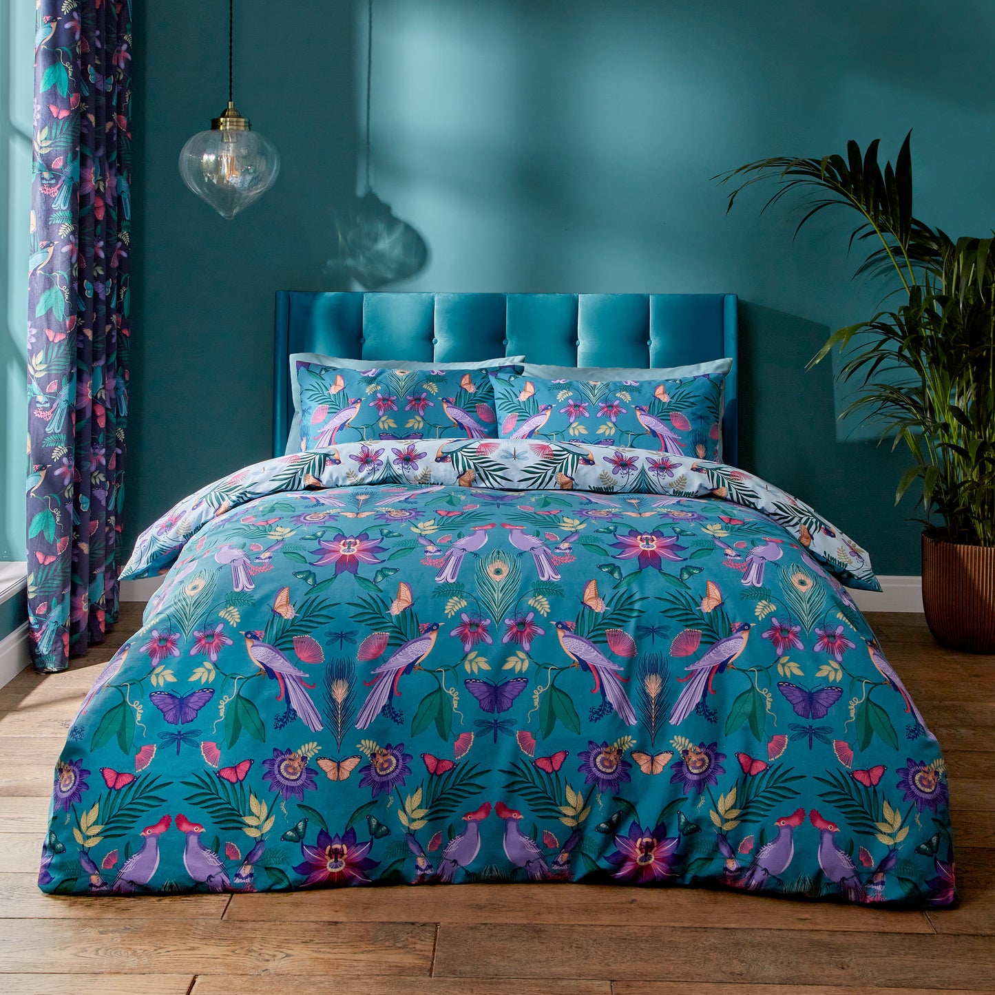 Mya Tropical Reversible Duvet Cover Set in Duck Egg Blue by Catherine Lansfield