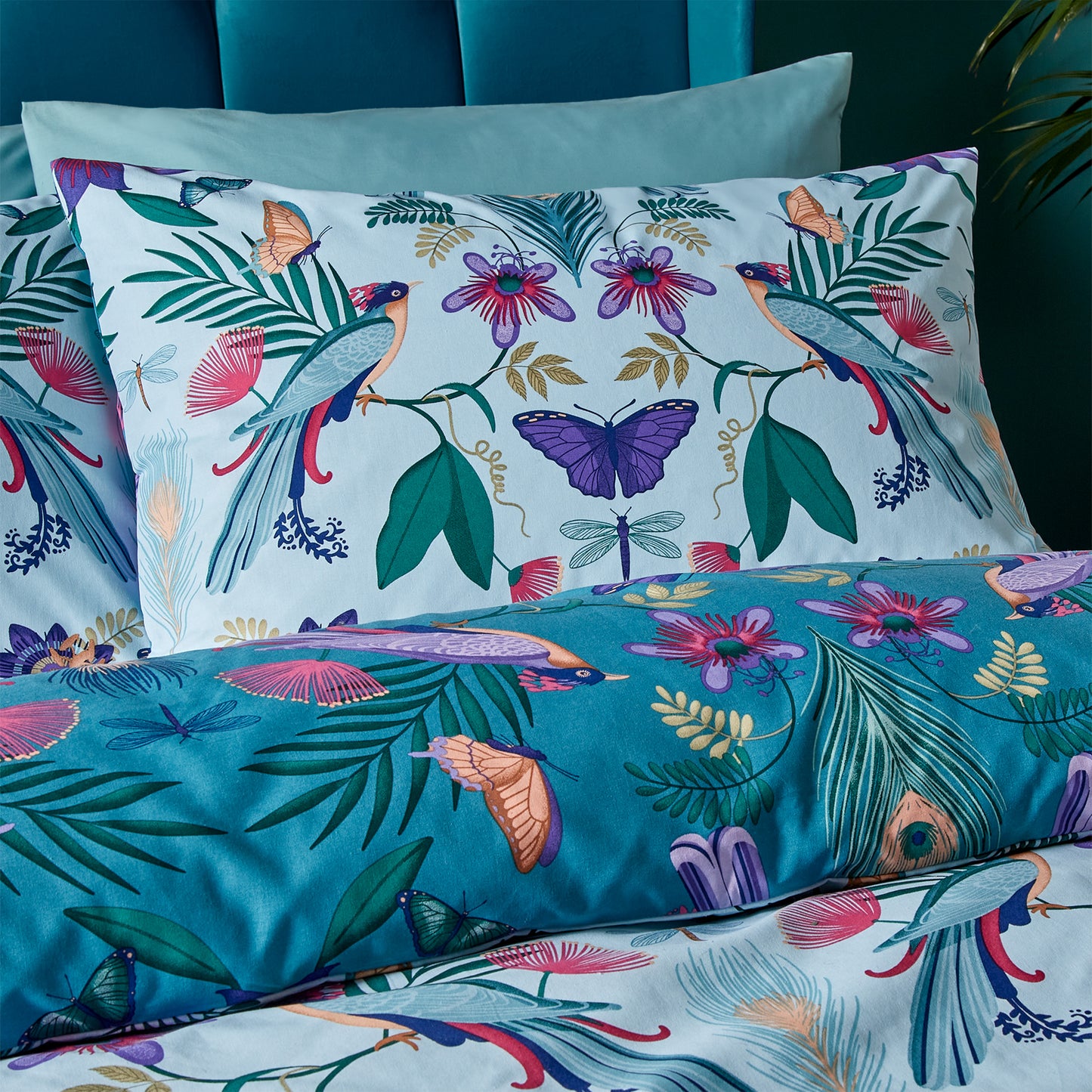 Mya Tropical Reversible Duvet Cover Set in Duck Egg Blue by Catherine Lansfield